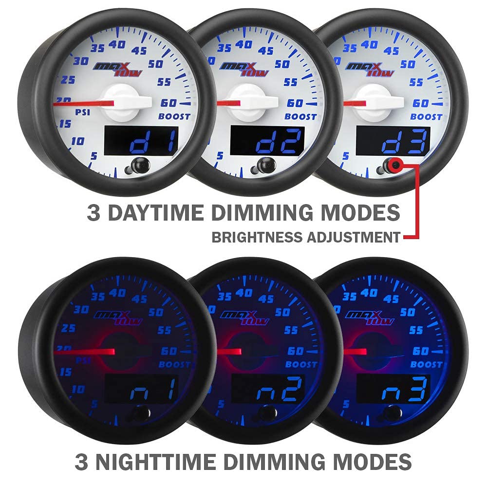 MaxTow Double Vision 100 PSI Oil Pressure Gauge Kit with Electronic Sensor - White Face & Blue LED Backlit Dial - Analog & Digital Readout - 2-1/16