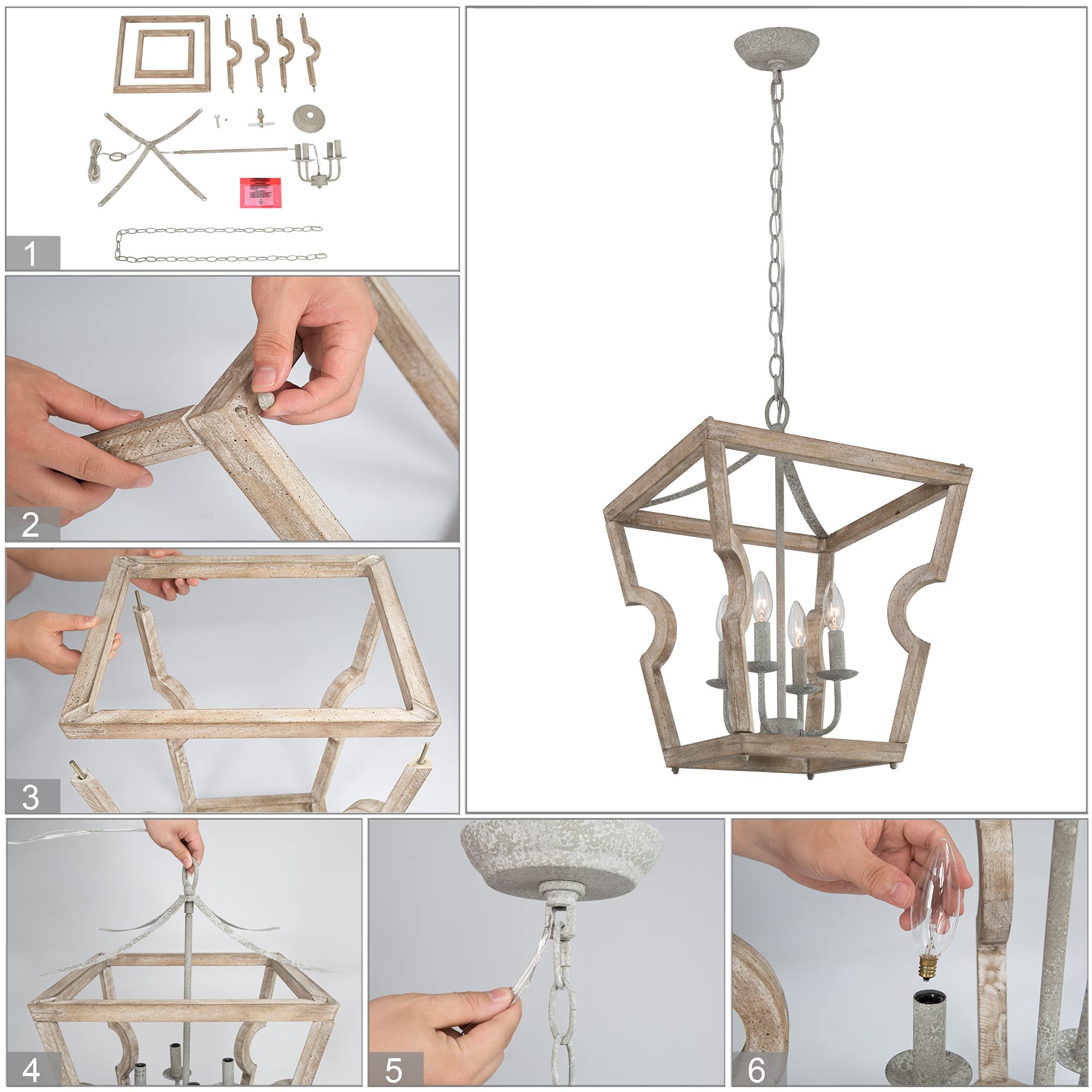 Rustic Farmhouse Wood Chandelier - 4-Light Wooden Lantern Pendant Light for Dining Room, Kitchen Island, Foyer - Perfect for Country Style Home Decor & Cozy Interior Lighting