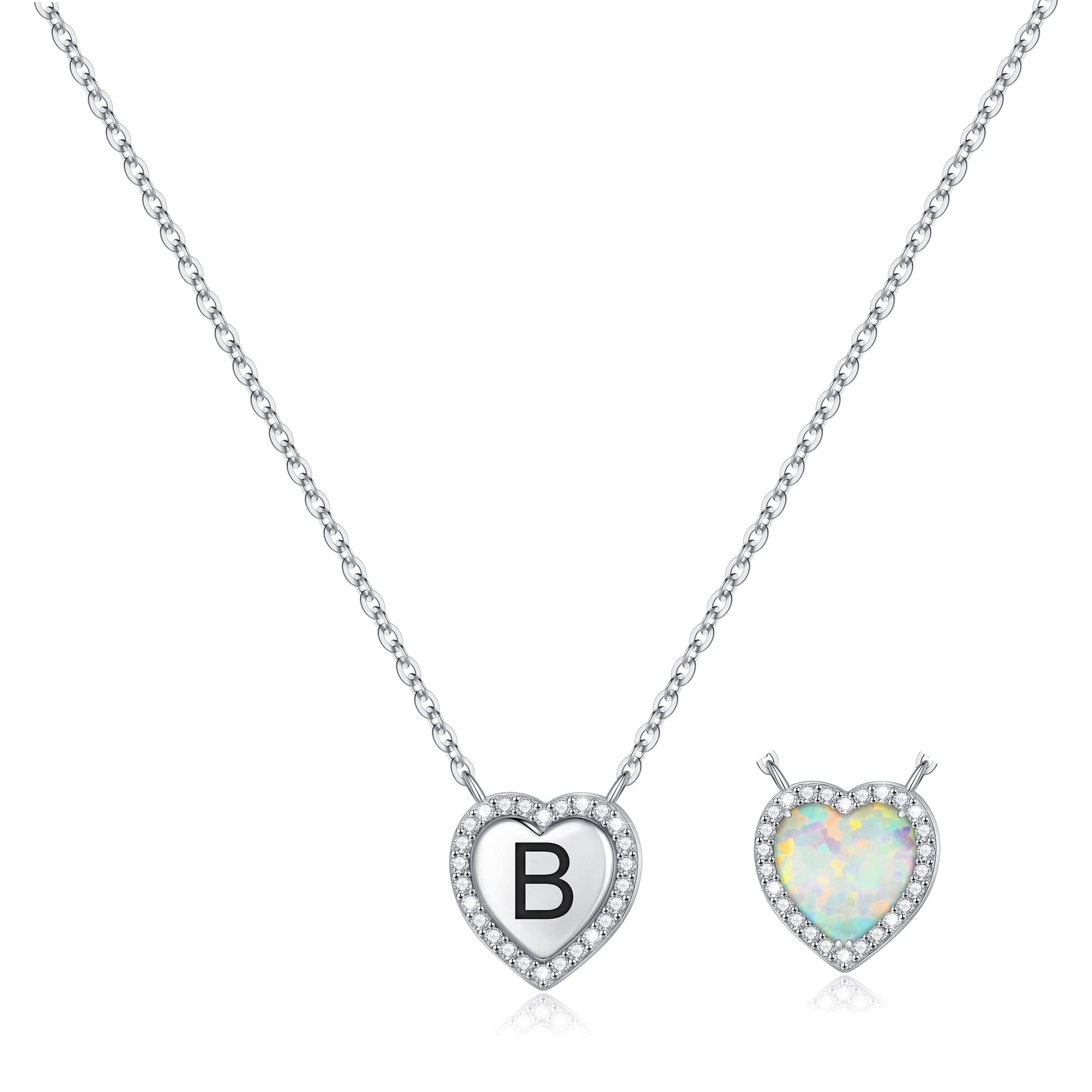 M MOOHAM Heart Initial Necklace for Women & Girls - S925 Sterling Silver Opal Pendant Jewelry, Personalized Birthday Christmas Valentine's Day Gift for Her - Perfect for Everyday Wear, Date Nights & Special Occasions