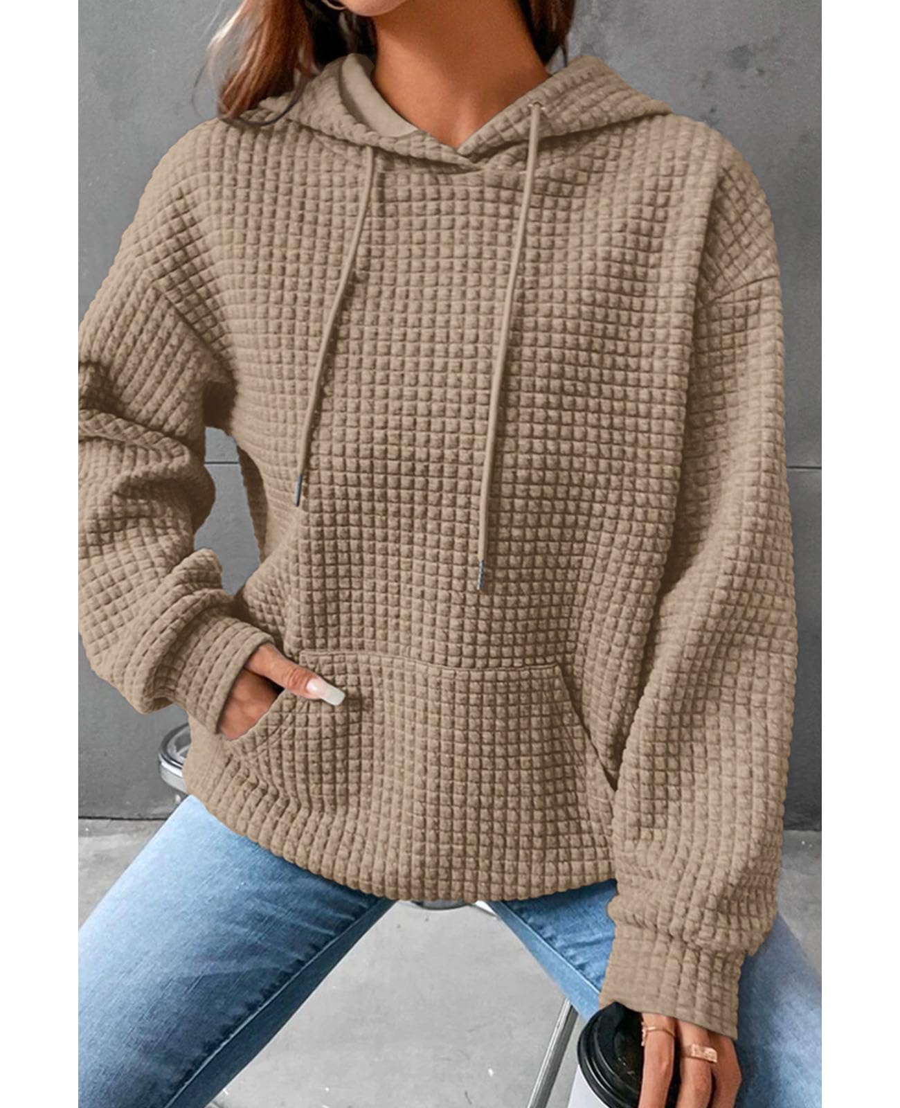 Women's Casual Drawstring Hooded Sweatshirt - Waffle Long Sleeve Pullover with Pocket | Cozy SELINK Hoodies for Everyday Wear, Lounge & Outdoor Activities