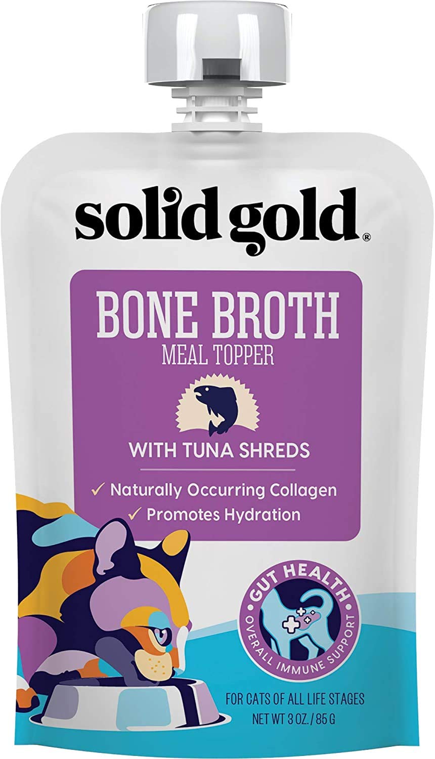 Premium Solid Gold Bone Broth Cat Food Topper - High-Protein Lickable Wet Food with Real Tuna Shreds for Hydration & Nutrition - Easy-Serve Gravy Broth for Picky Eaters - 12 Pack - Perfect for Senior Cats, Kittens & Mealtime Enrichment