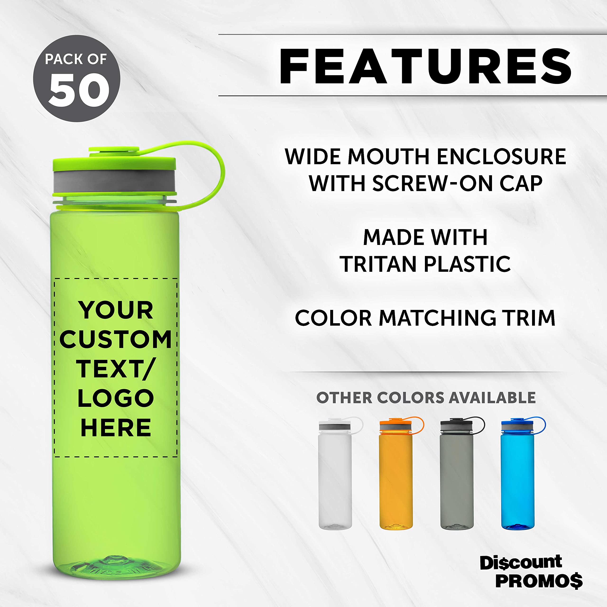 Custom 26 oz Wide Mouth Water Bottles - Bulk Pack of 50, BPA Free, Personalized (Lime Green) - Ideal for Gym, Camping, Backpacking, School & Office Hydration