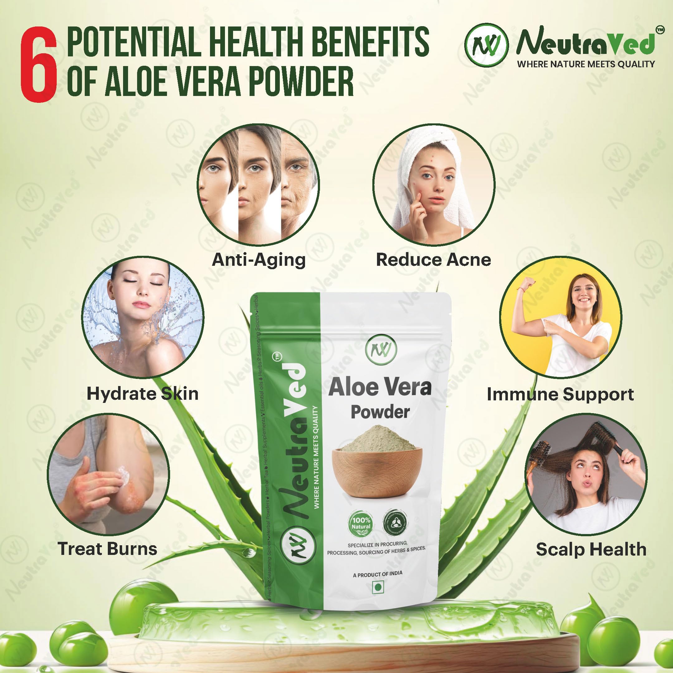NeutraVed Organic Aloe Vera Powder 100g - 100% Pure Natural for Hair Growth, Face Care & Skin Hydration | DIY Beauty Recipes, Smoothies & Sunburn Relief