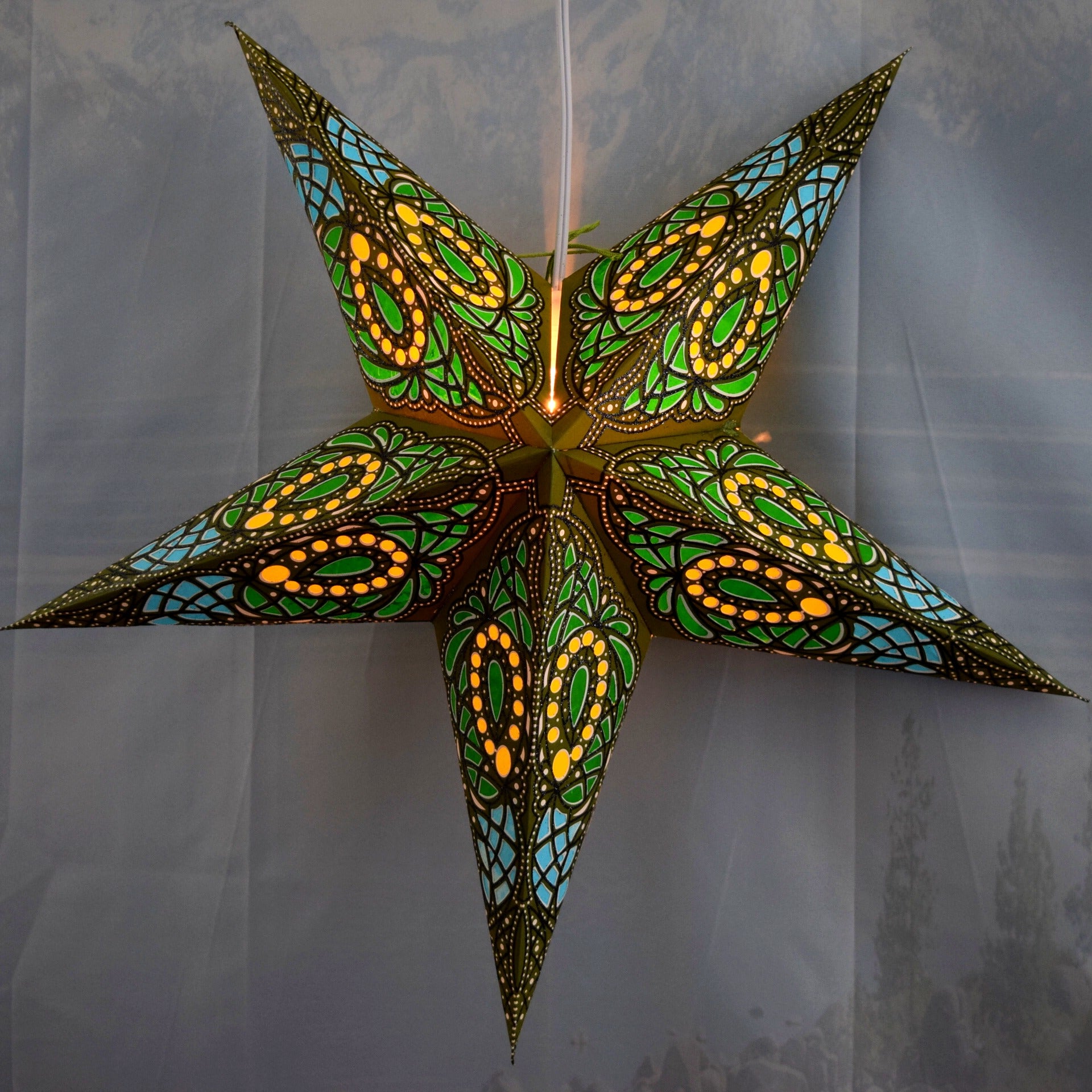 24 Inch Green Brown Galactic Glitter Paper Star Lantern with Pendant Light - Boho Home Decor for Bedroom, Living Room, Party & Wedding Decoration