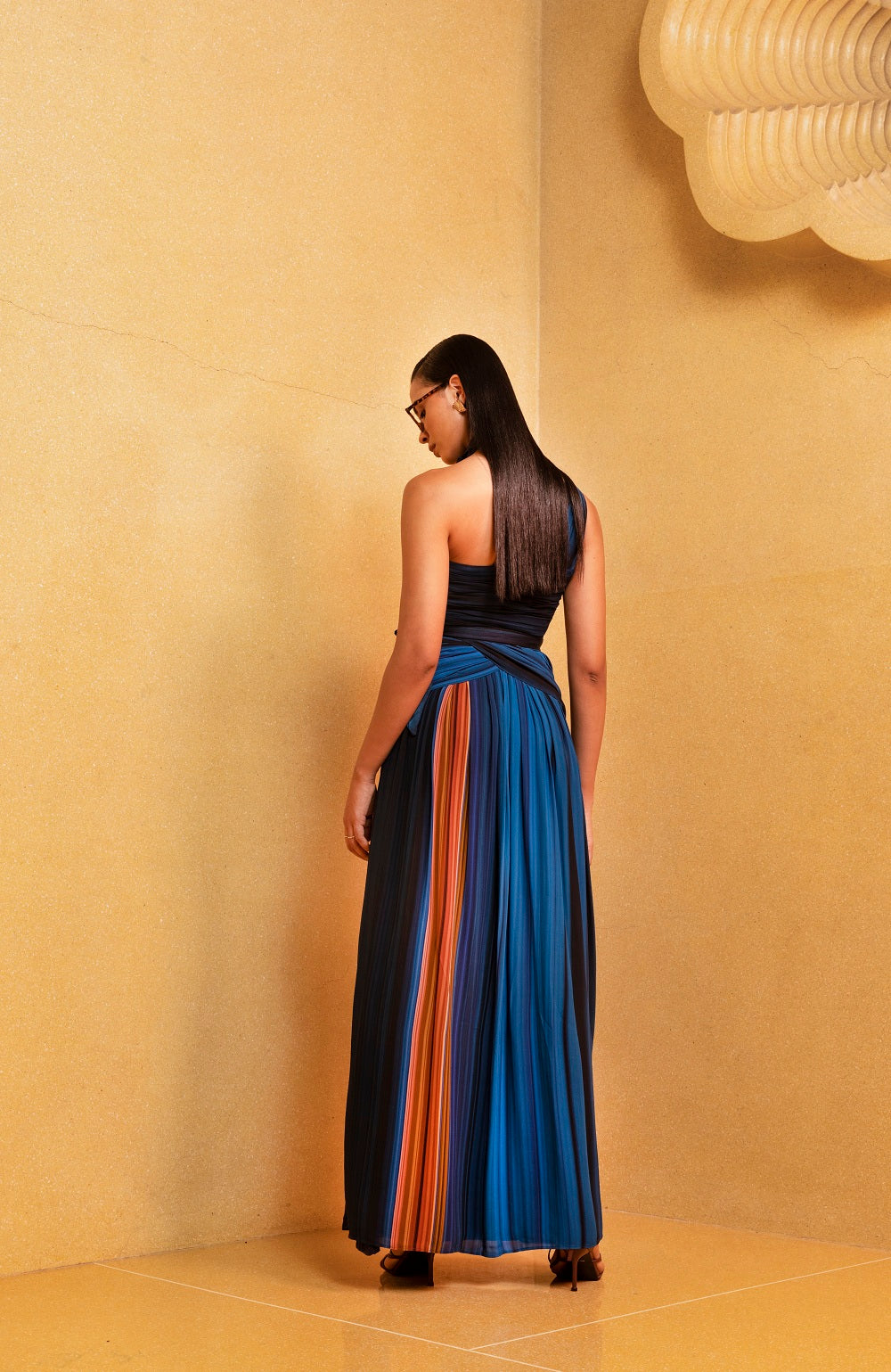 Elegant One Shoulder Pleated Dress with Midnight Stroke Print - Perfect for Evening Parties, Cocktail Events & Date Nights