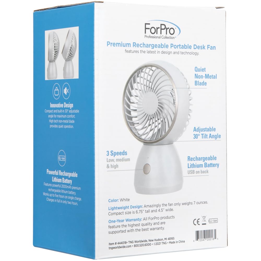 ForPro Professional Collection Premium Rechargeable Portable Desk Fan - 3-Speed USB Mini Fan for Travel, Home & Office - Lightweight Personal Cooling Fan (Pure White) | Perfect for Work Desks, Dorm Rooms & Summer Travel