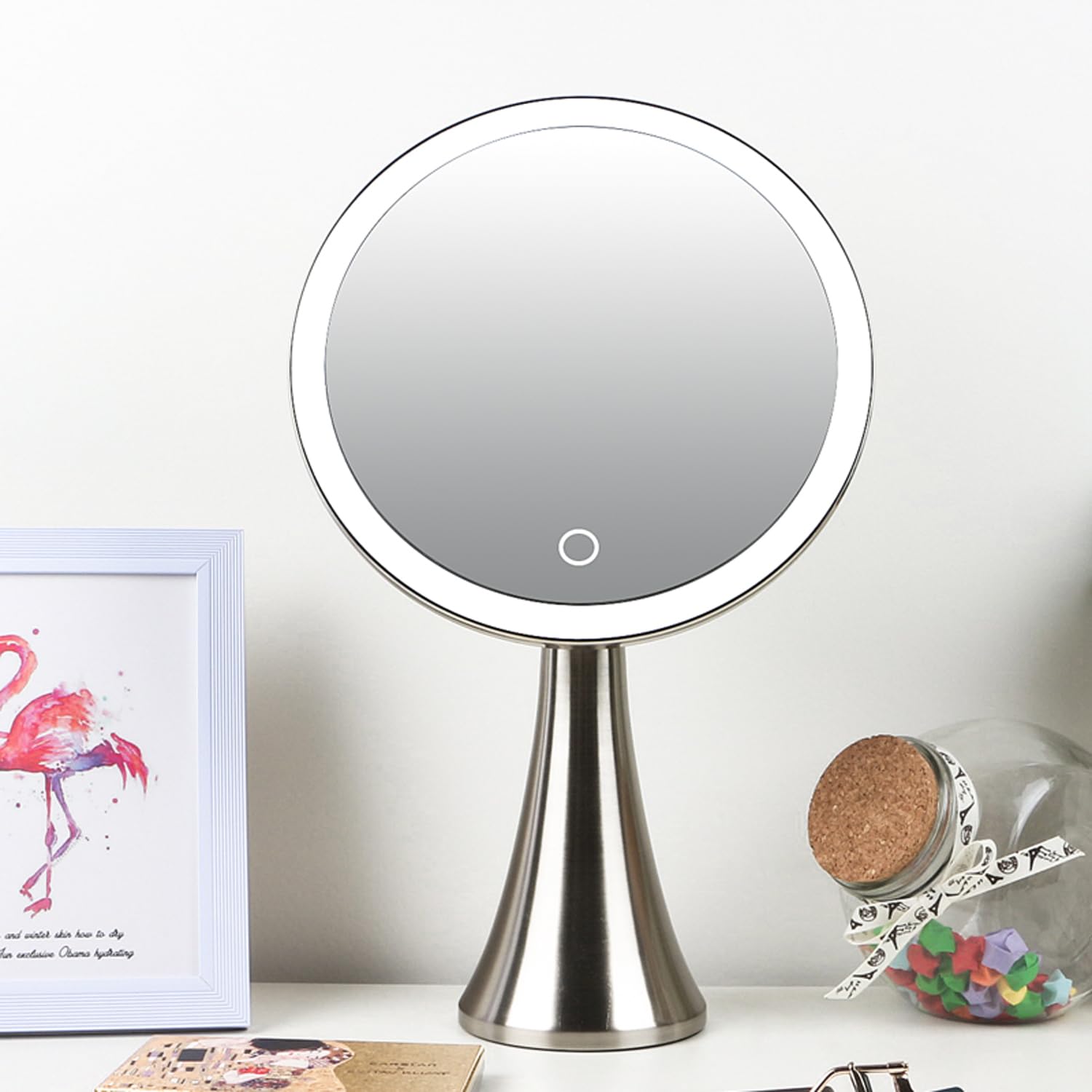 9 Inch Lighted Round Makeup Mirror with 5X/10X Magnification - Ultra Bright LED Vanity Mirror, Rechargeable & Cordless, Touch Control Adjustable Brightness, Brushed Stainless Steel - Perfect for Home Makeup, Salon, and Dressing Room