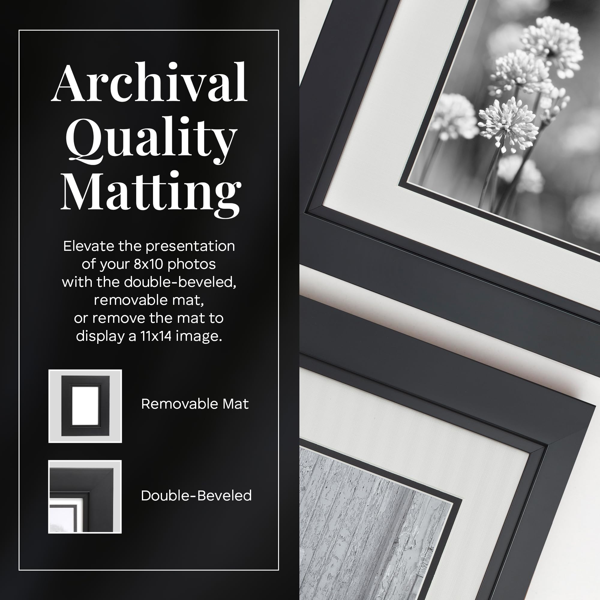 Old Town Designer Picture Frames - Set of 2 (11x14 Inches) with Velour Back & Removable 8x10 Mat - Eco-Friendly Recycled EPS & Acrylic Glass Photo Frames - Perfect for Wall Decor, Office Desk, or Home Display - Black