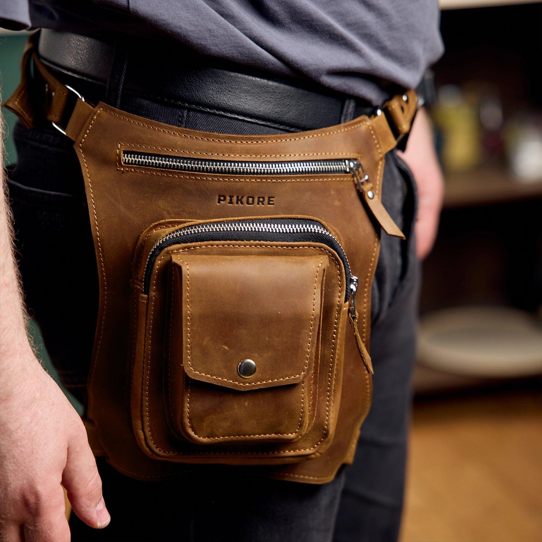 Premium Leather Hip Pack with Adjustable Thigh Strap - Waist Fanny Pack for Travel, Hiking & Outdoor Activities - Hands-Free Crossbody Bag for Men & Women