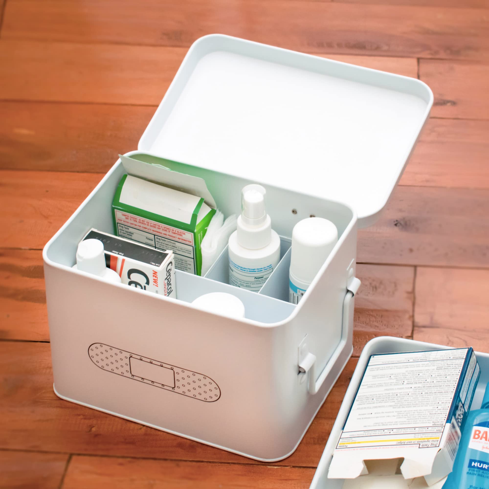 Metal Storage Organizer Box with Hinged Lid & Removable Tray - First Aid Kit, Medicine, Pharmacy, Bandage & Bathroom Supplies Holder - Matte White & Black - Perfect for Home, Office & Travel Organization