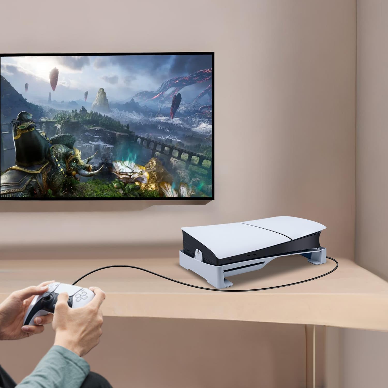 PS5 Slim Horizontal Stand with 4-Port USB Hub - Cooling Stand for PS5 Slim Digital Edition & Ultra HD - Perfect for Gaming Setups & Entertainment Centers