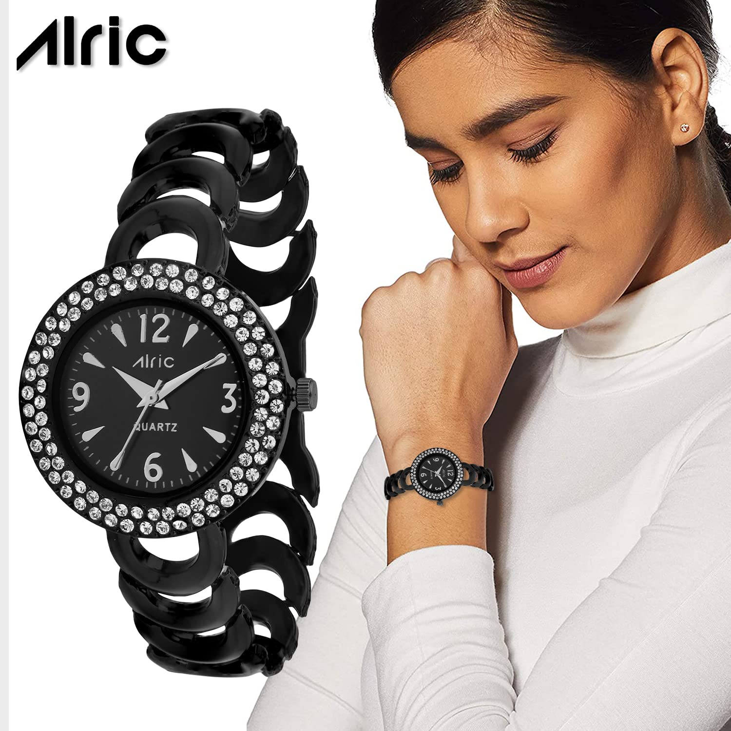 Alric Stylish Women's Watch - Glossy Metallic Strap, Analog Quartz with Jewel Accents & Diamond Studs | Trendy Slim Dial Ladies Watch for Everyday Wear, Office & Special Occasions