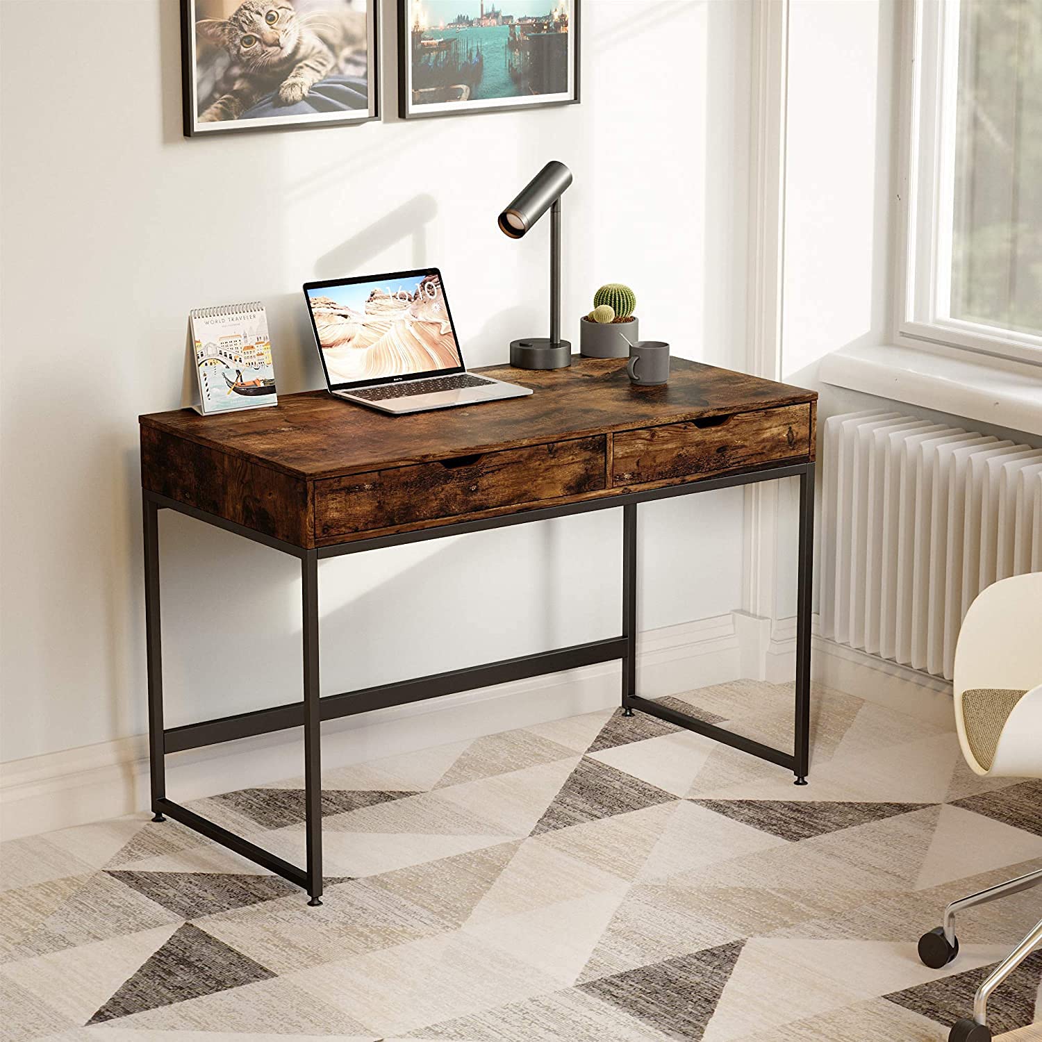 Bestier Small Rectangular Office Desk - Minimalist Writing Computer Workstation with 2 Large Drawers, Rustic Brown - Perfect for Home Office, Study Room & Vanity Makeup Area