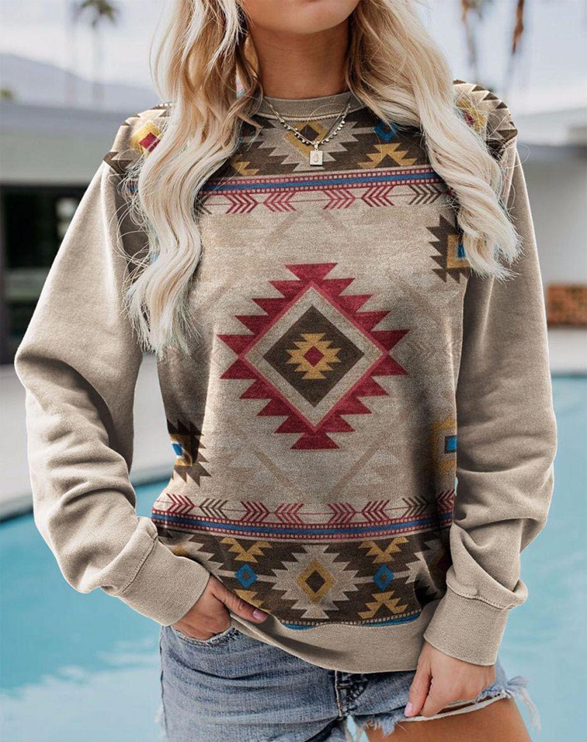 Vintage Aztec Print Women's Western Shirt - Fall Long Sleeve Crewneck Top for Casual Wear