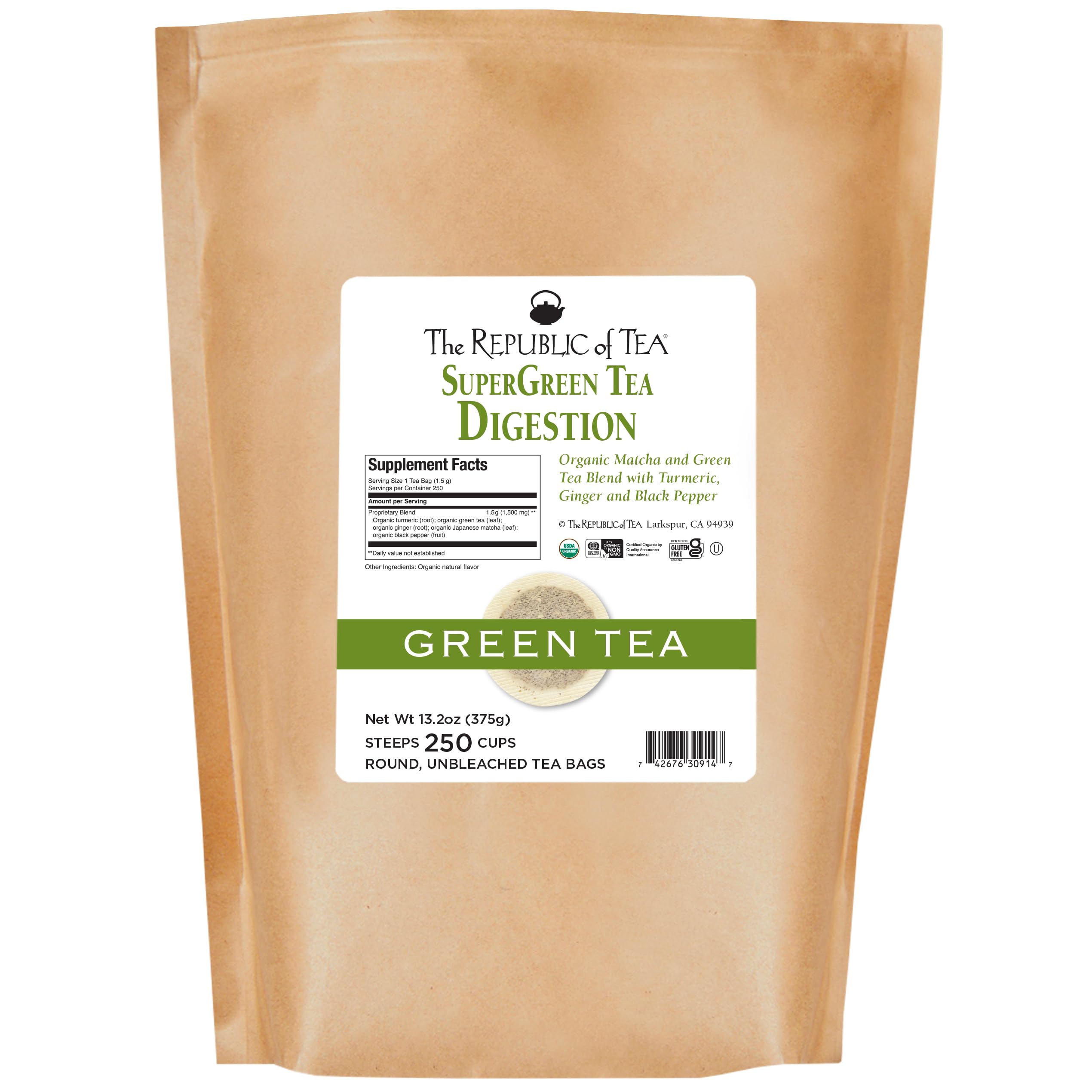 Organic Digestion SuperGreen Tea Bulk Bag - 250 Tea Bags with Japanese Matcha & Green Tea | Naturally Caffeinated | Herbal Wellness for Digestive Support | Perfect for Morning Boost & After-Meal Relaxation