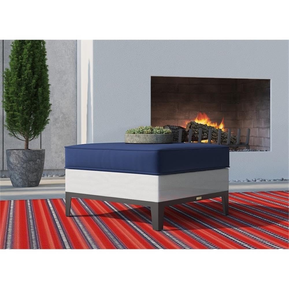 Tommy Hilfiger Hampton Outdoor Ottoman - Coastal White & Navy Stripe - Weather-Resistant Patio Furniture for Poolside, Deck or Garden Relaxation