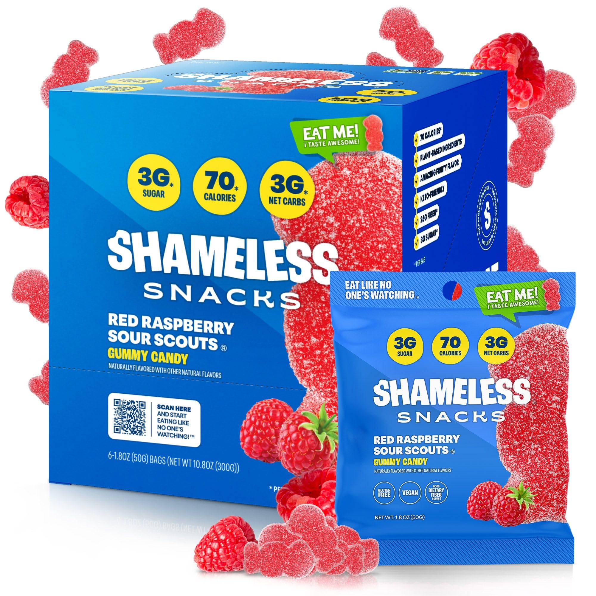 Shameless Snacks - Healthy Low Calorie Keto Gummies | Gluten Free Candy for Weight Loss | 6 Pack Red Raspberry Sour Scouts | Perfect for Keto Diet, Office Snacks & Movie Nights