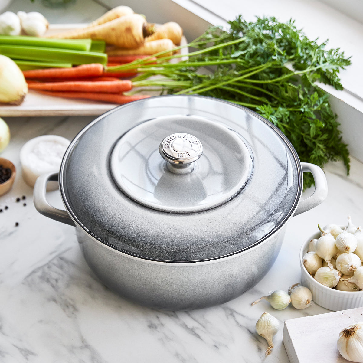 Merten & Storck 7 Quart Enameled Cast Iron Dutch Oven - Cloud Gray | Heavy Duty Cookware for Braising, Stewing & Baking | Perfect for Camping, Stovetop & Oven Use