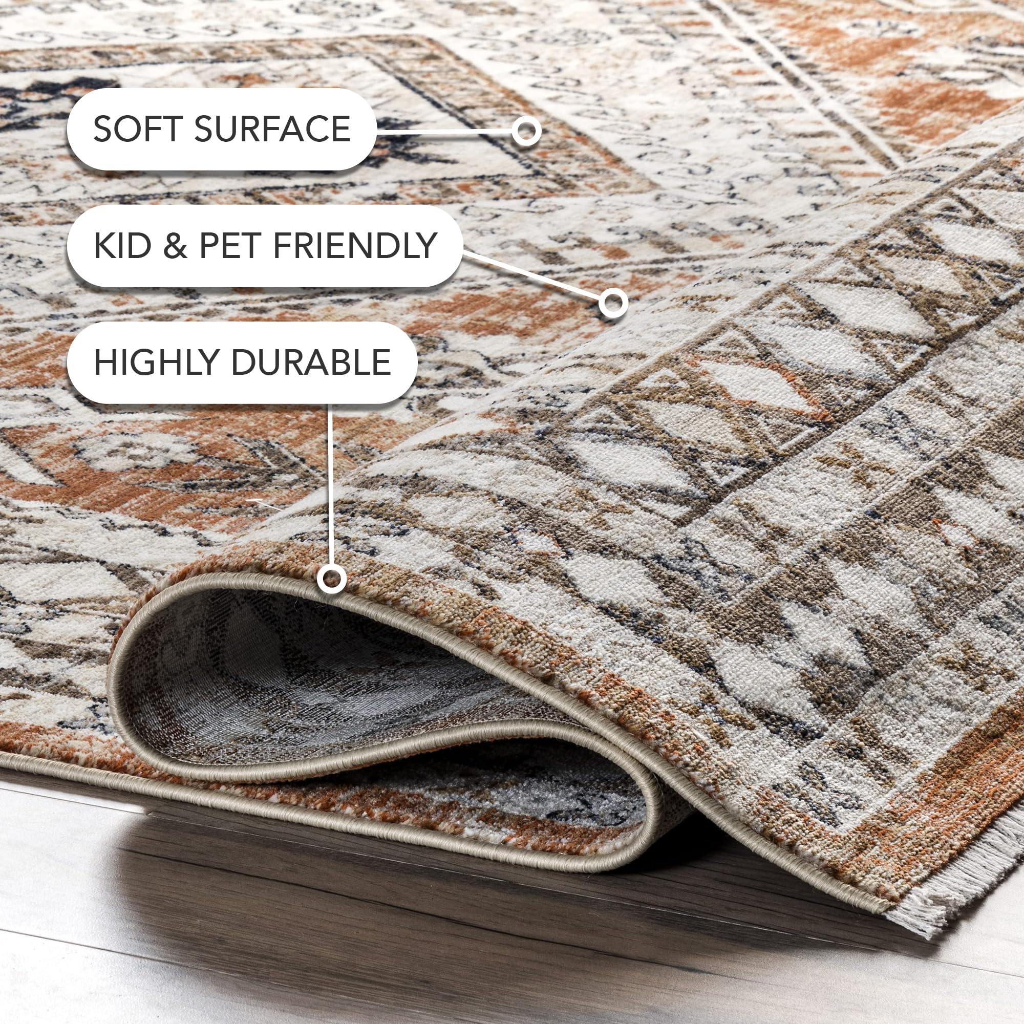 nuLOOM Fringed Performance Indoor Area Rug 8' x 10' Vanesa Rust - Power Loomed, Easy to Clean, Durable & Non-Shedding - Perfect for Living Room, Bedroom & High Traffic Areas