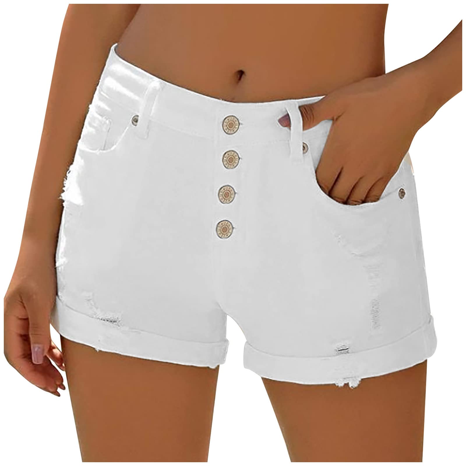 Women's High Waisted Ripped Denim Shorts with Pockets - Summer Stretch Jeans for Casual Outings