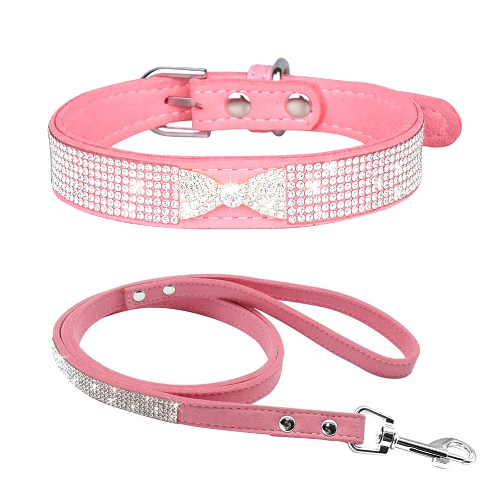 Sparkly Rhinestone Dog Collar & Leash Set with Glitter Bow - Adjustable Soft Suede Pet Accessories for Small Dogs & Cats (Pink, 10-12.6