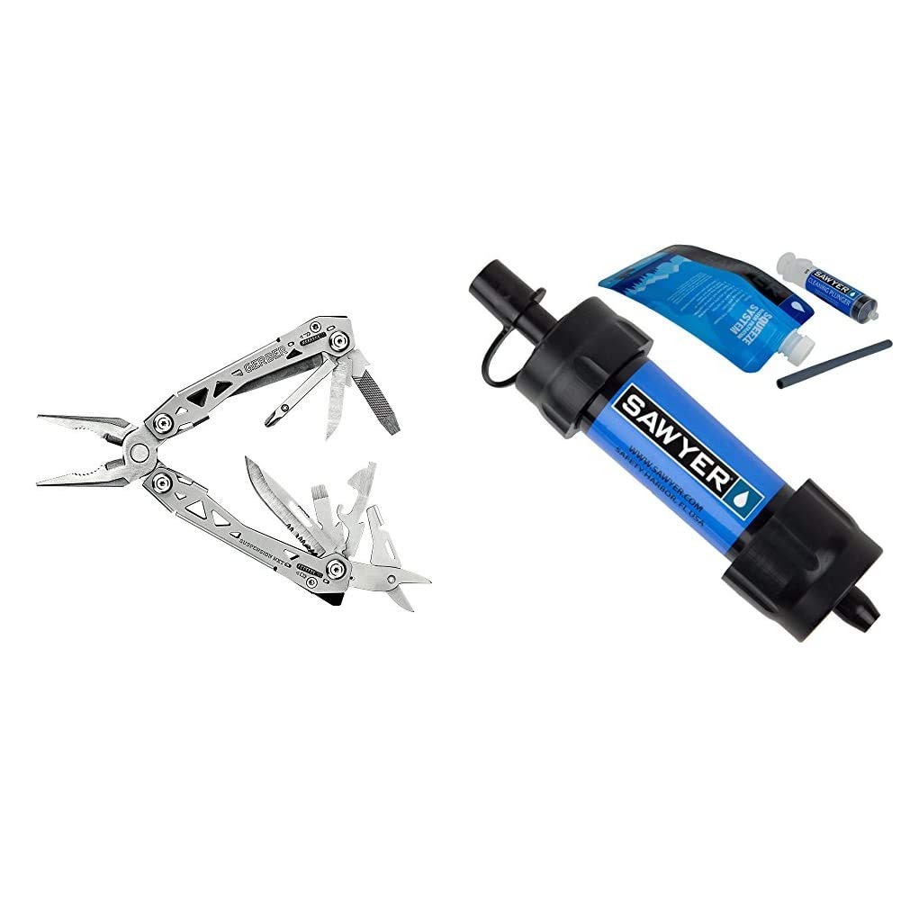 Gerber Gear 30-001364N Suspension-NXT 15-in-1 Multitool Knife with Needle Nose Pliers & Pocket Clip | SP128 Mini Water Filtration System | EDC Gear for Camping, Hiking & Survival | Durable Steel Construction | Portable Sawyer Water Filter in Blue