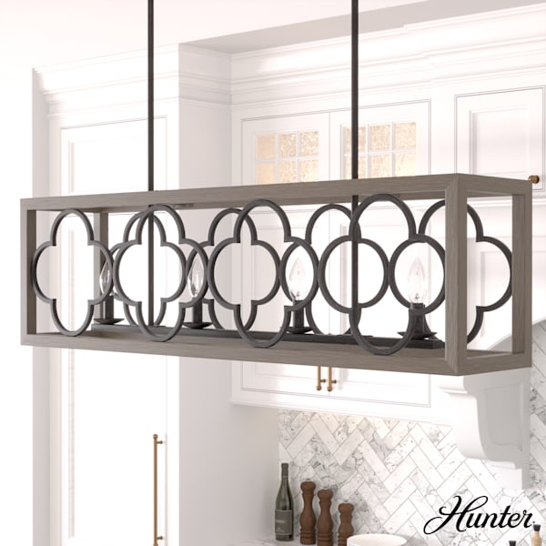 Hunter Gablecrest 4-Light Linear Chandelier in French Oak Finish - Modern Farmhouse Ceiling Lighting for Dining Room, Kitchen Island & Entryway