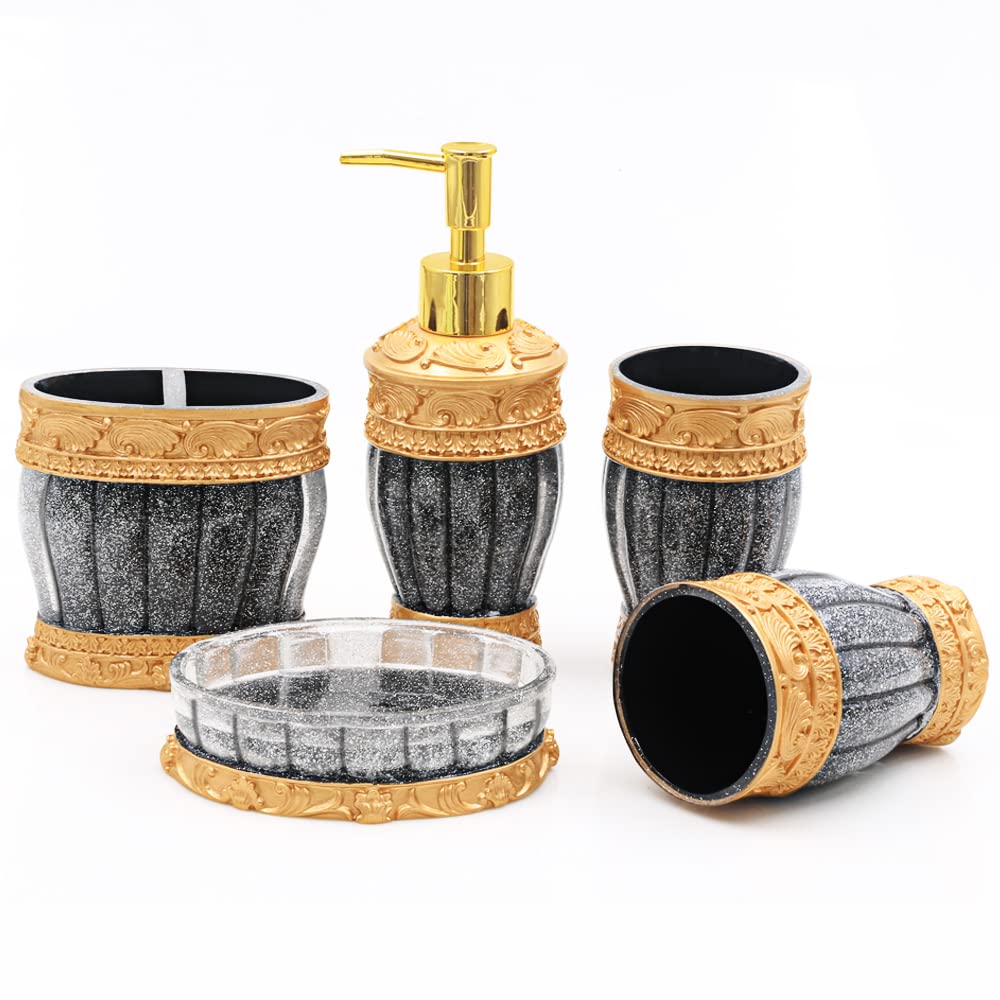 Vintage Red 5-Piece Bathroom Accessories Set - Soap Dispenser, Toothbrush Holder, Tumbler & Soap Dish - Elegant Black Bathroom Decor Gift Set for Home, Hotel & Spa Use