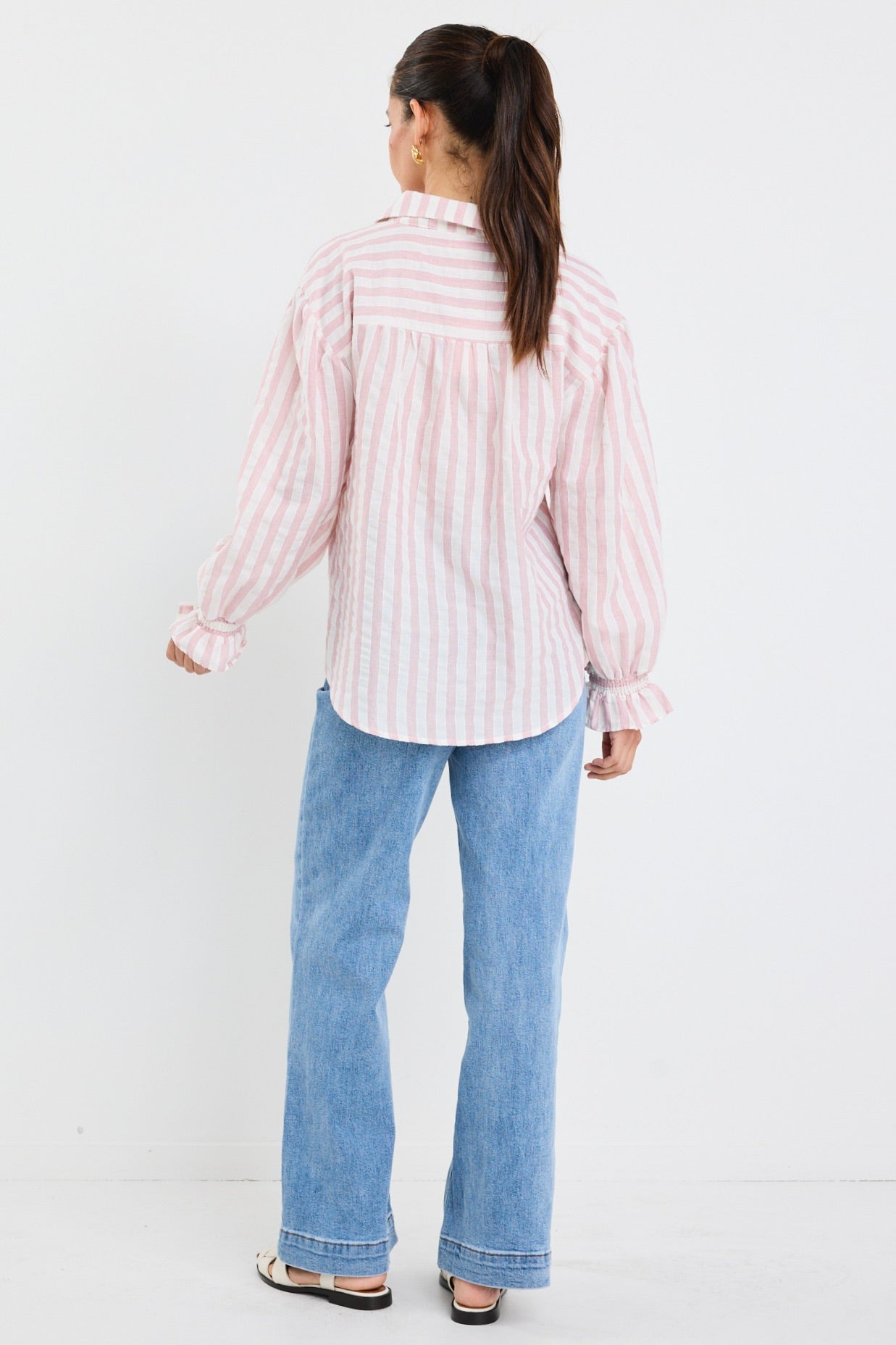 Pink Stripe Button Front Blouse for Women - Elegant Floral Print Casual Shirt - Perfect for Office, Date Night & Spring Outfits