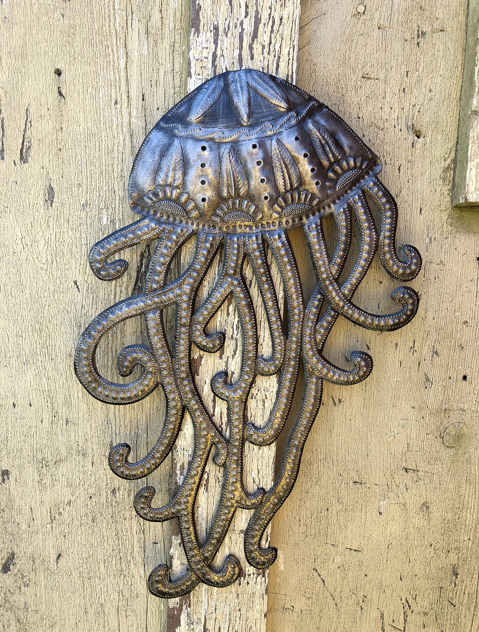 Jellyfish Under The Sea Metal Wall Art - Haiti Inspired Coastal Decor - 12x18.5 Inch Sturdy Indoor/Outdoor Wall Hanging for Beach House, Living Room & Patio