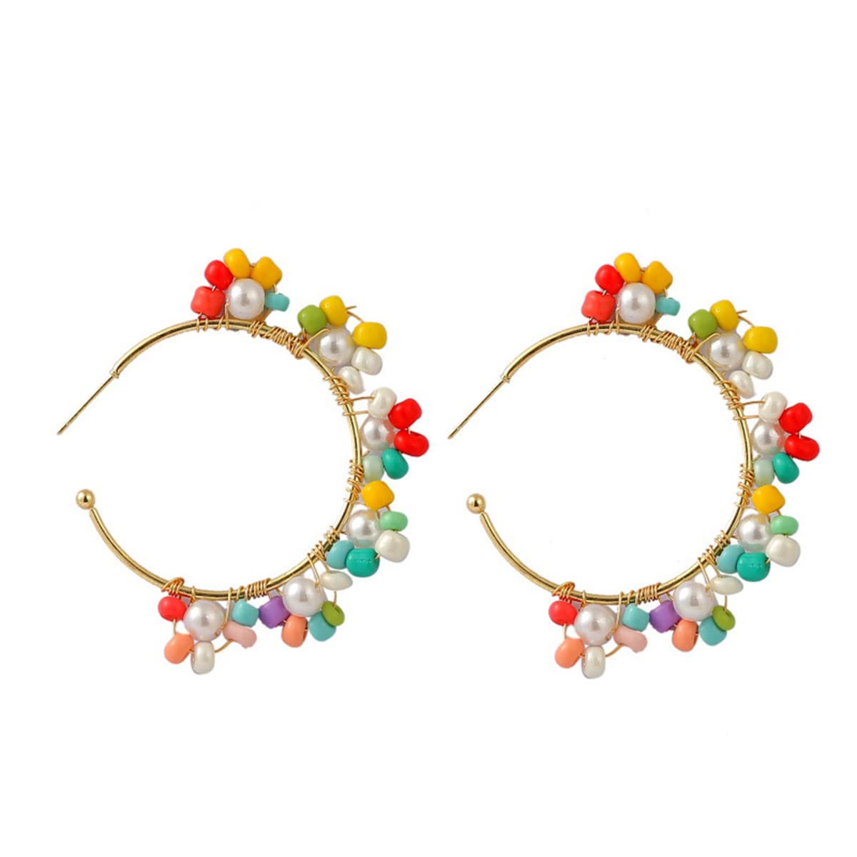 Stylish Resin Beaded Hoop Earrings for Women & Girls - Colorful Rice Bead Circle Flower Dangle Drop Jewelry | Perfect for Parties, Weddings & Everyday Wear (Hoop Earring-Colors)
