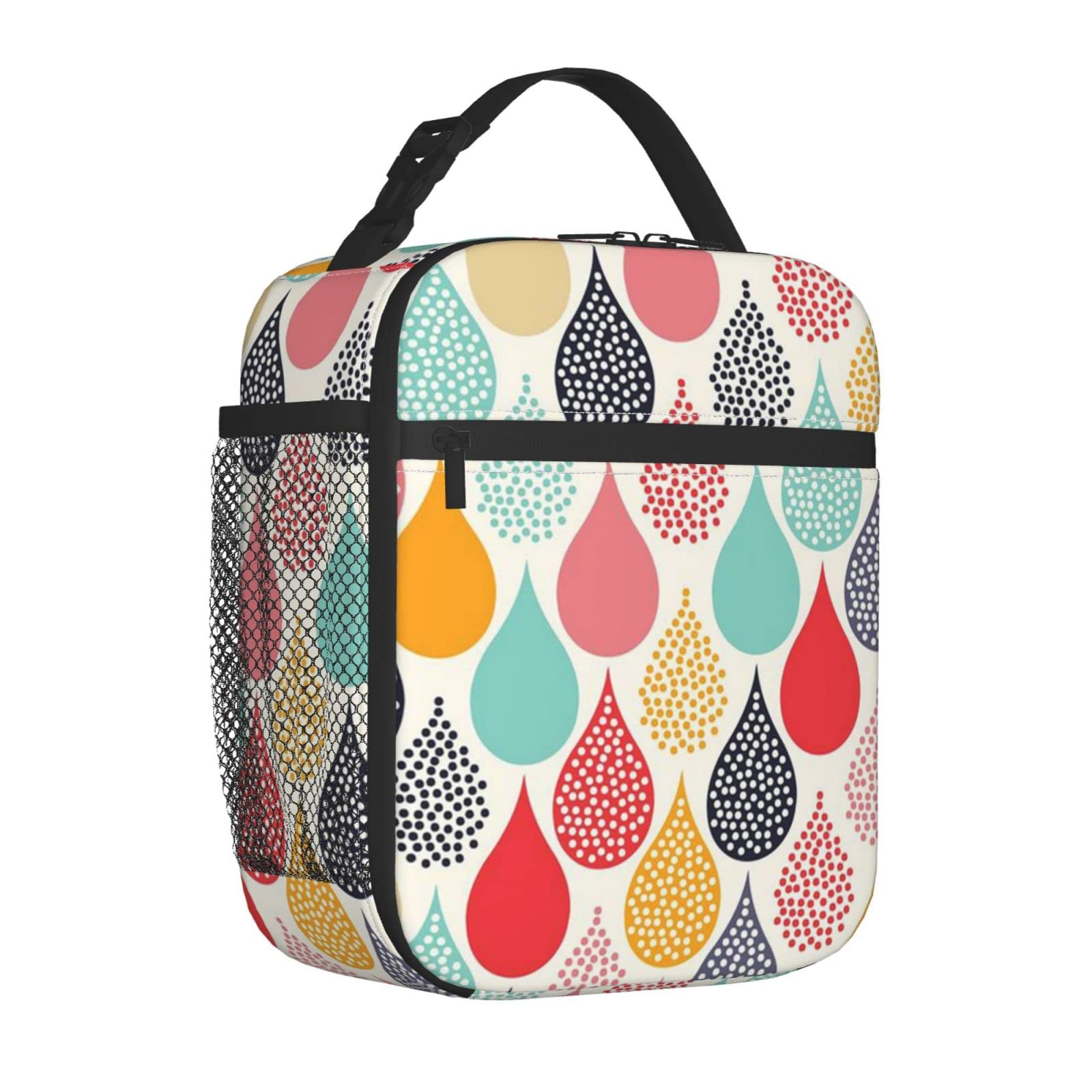Insulated Reusable Lunch Bag with Water Droplets Design - Leakproof Cooler Lunch Box for Women & Men, School Travel Work Picnic Tote with Side Pocket | Perfect for Office, Outdoor Activities & Daily Commute