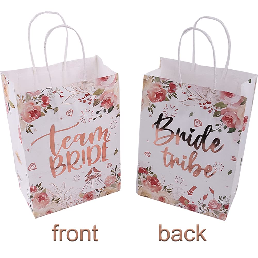 Team Bride Bags with Handles - Rose Gold Floral Bridesmaid Gift Bags for Bachelorette Party, Bridal Shower & Wedding Favors - Perfect for Bride Tribe, Hen Party & Wedding Decorations