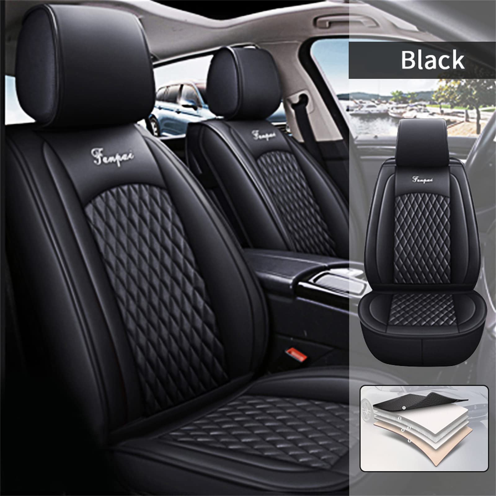 Volvo V50 2005-2011 Waterproof Leather Car Seat Covers Full Set - Front & Rear Seat Protectors (Black, CT08) | Durable Automotive Protection for Daily Commute & Road Trips
