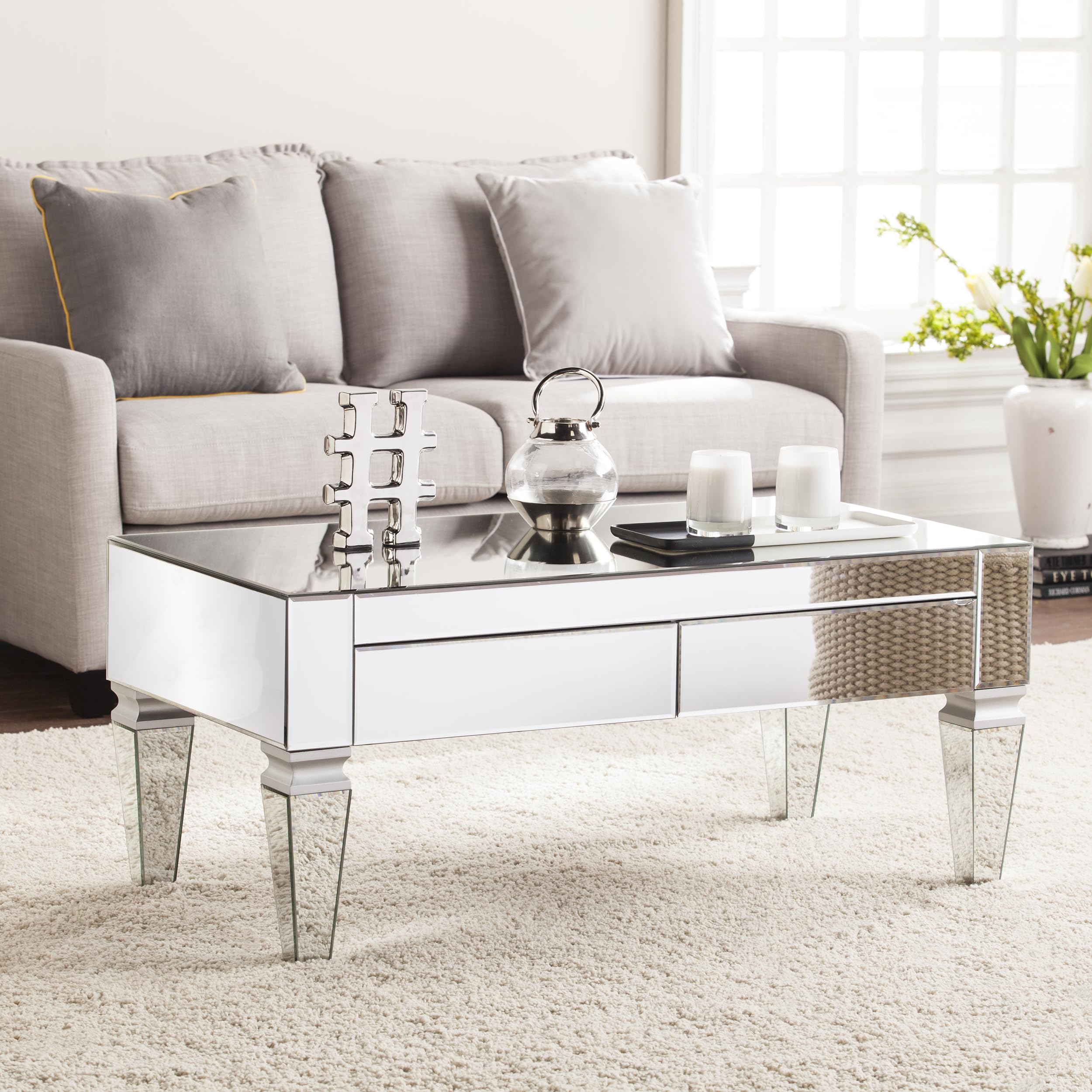 SEI Furniture Darien Contemporary Silver Mirrored Rectangular Coffee Table for Living Room, Modern Glass Top Center Table for Home Decor