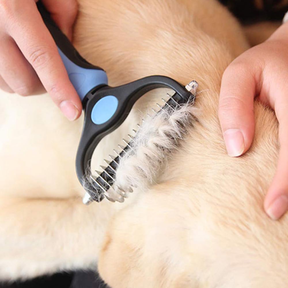 Premium Pet Deshedding Brush for Dogs & Cats - Double Sided Grooming Tool with Undercoat Rake & Shedding Comb | Safe Fur Removal & Mat Detangler for Matted Hair | Perfect for Home Grooming & Shedding Season Care (Blue)