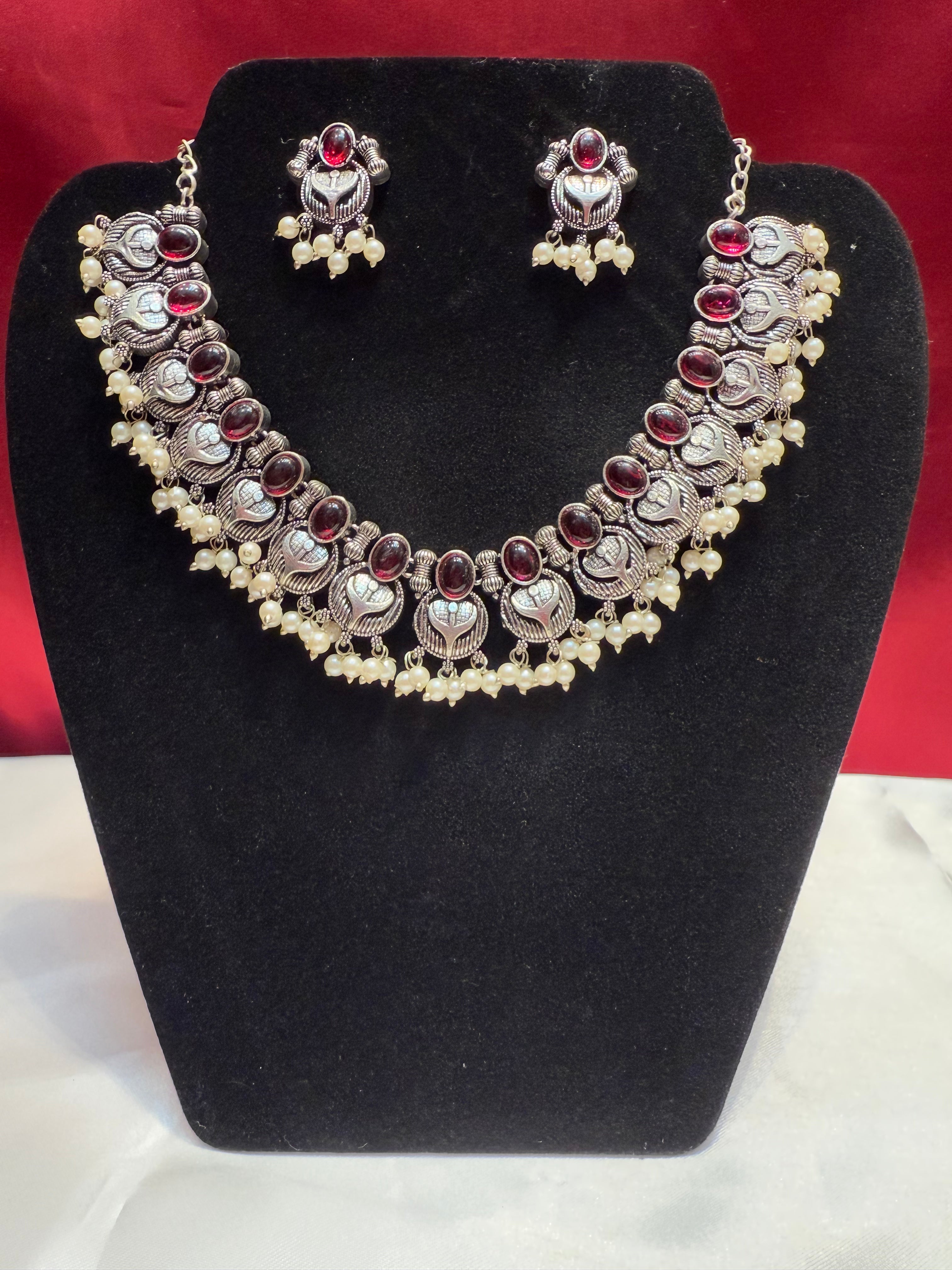 Elegant Oxidized Maroon Stone Beaded Necklace & Earrings Set | Handmade Bohemian Jewelry for Women | Perfect for Weddings, Parties & Everyday Wear