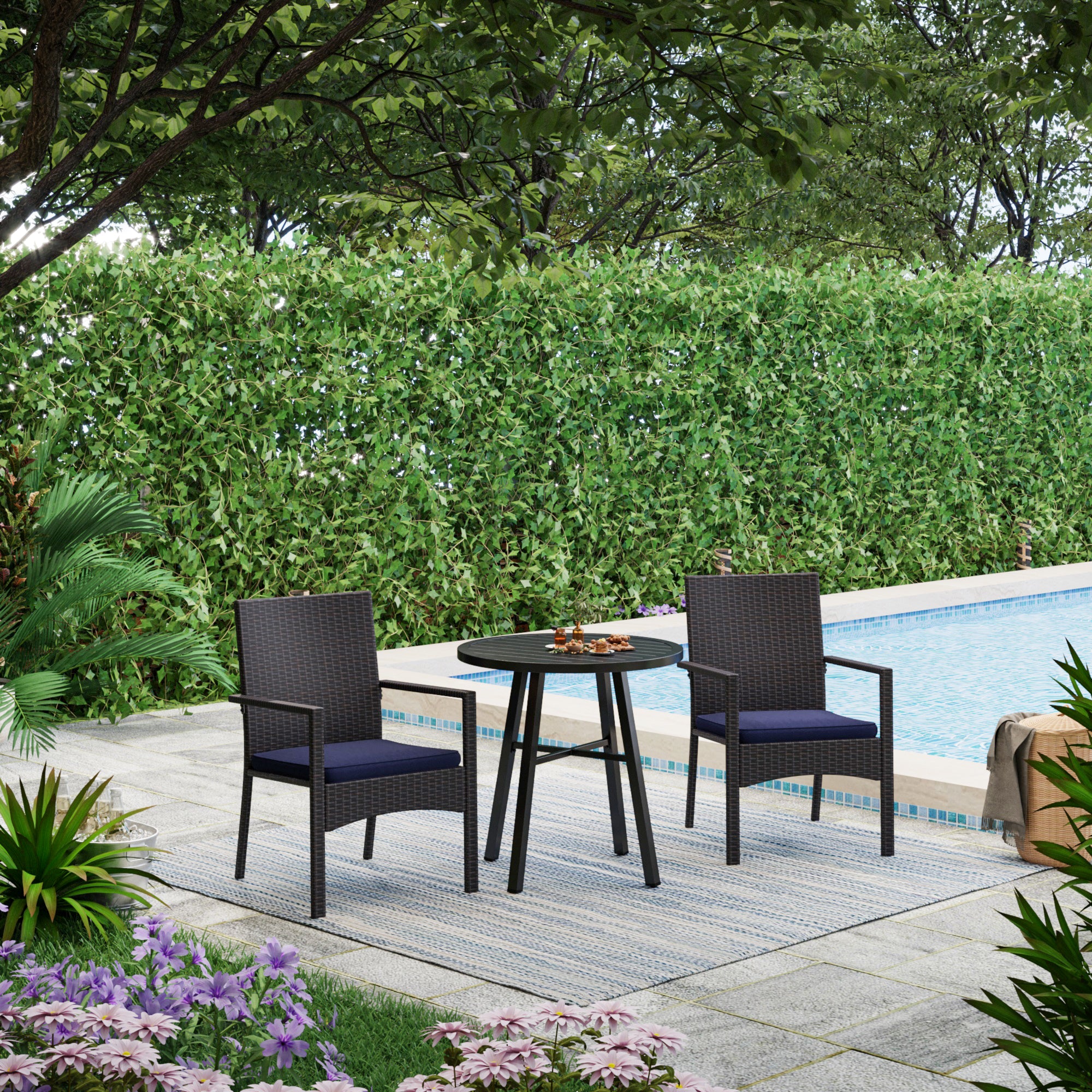 MFSTUDIO 3-Piece Patio Bistro Set - Small Round Table with Cushioned Rattan Dining Chairs for Outdoor Garden, Balcony & Backyard Relaxation