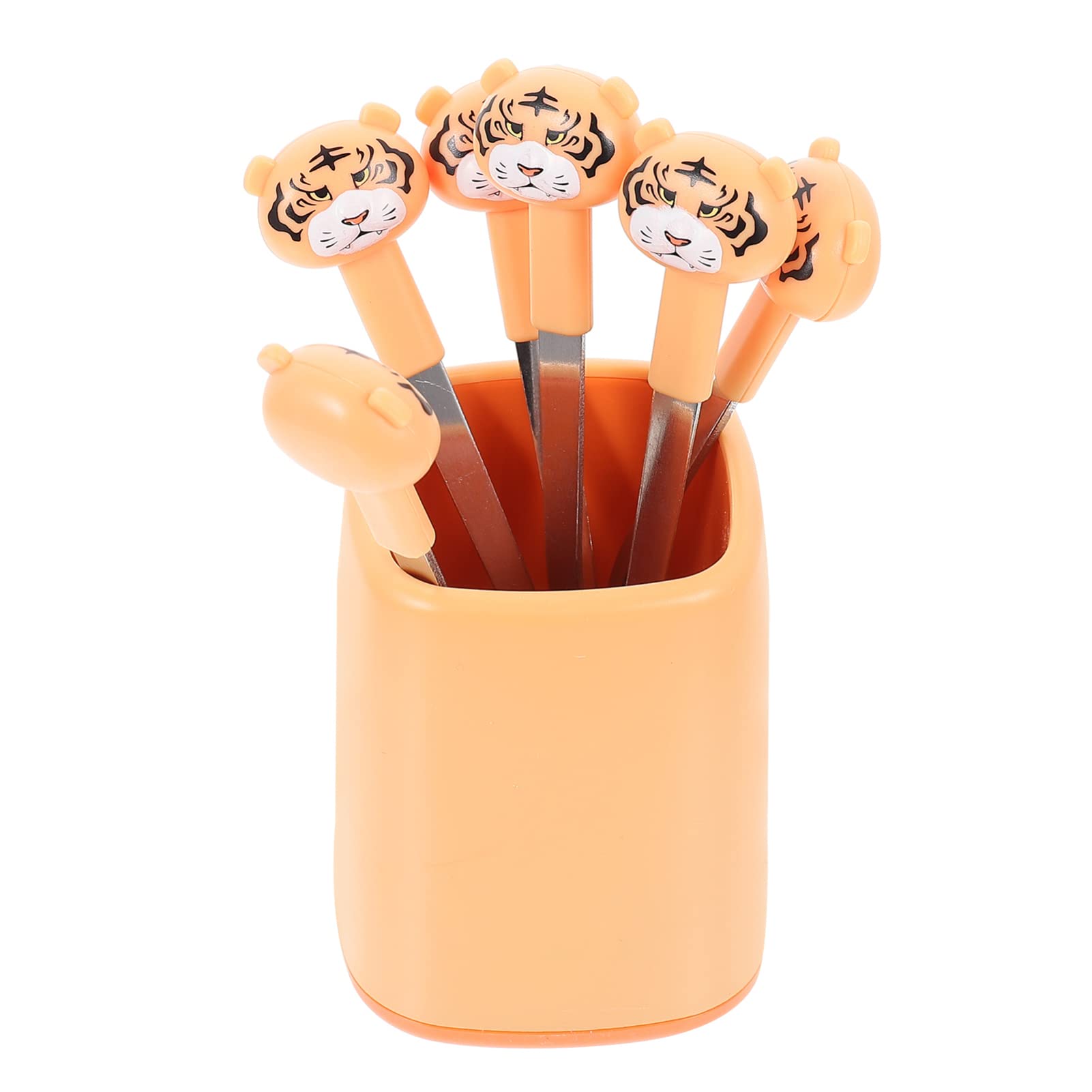 Hemoton 6-Piece Stainless Steel Cartoon Tiger Cake Forks Set with Storage Holder - Small Two-Prong Dessert Forks for Fruit, Cocktail, Appetizers - Perfect for Home Parties, Travel & Picnics