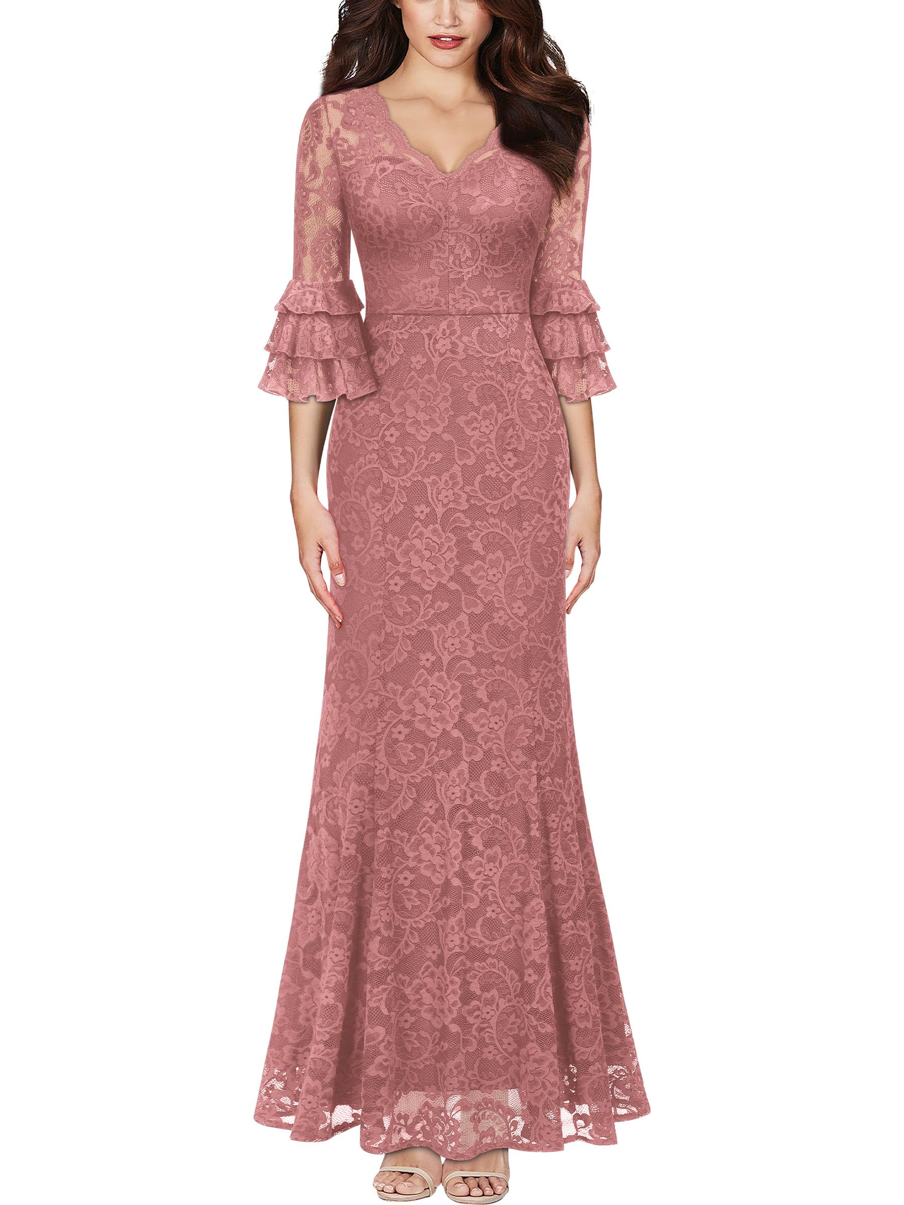Elegant Miusol Women's V-Neck Full Lace Bell Sleeve Formal Maxi Dress for Wedding, Prom, Cocktail Party & Special Occasions