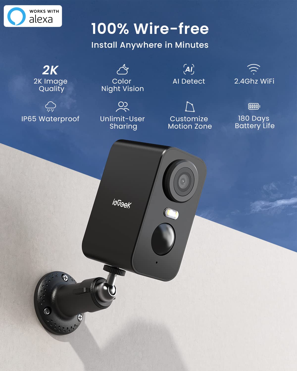 ieGeek Wireless Outdoor Security Cameras 2-Pack - 2K HD WiFi Surveillance System with AI Motion Detection, IP65 Weatherproof, Battery Powered, Siren & Spotlight - Ideal for Home Security, Garage & Backyard Monitoring - Works with Alexa & Google Assistant