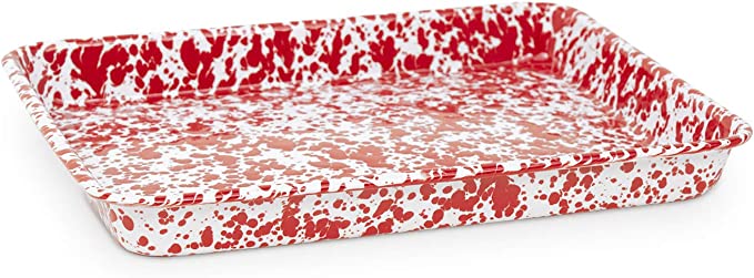 Crow Canyon Small Rectangle Enamel Tray - Red Marble Design | Perfect for Serving, Organizing & Home Decor | Durable & Stylish Kitchenware