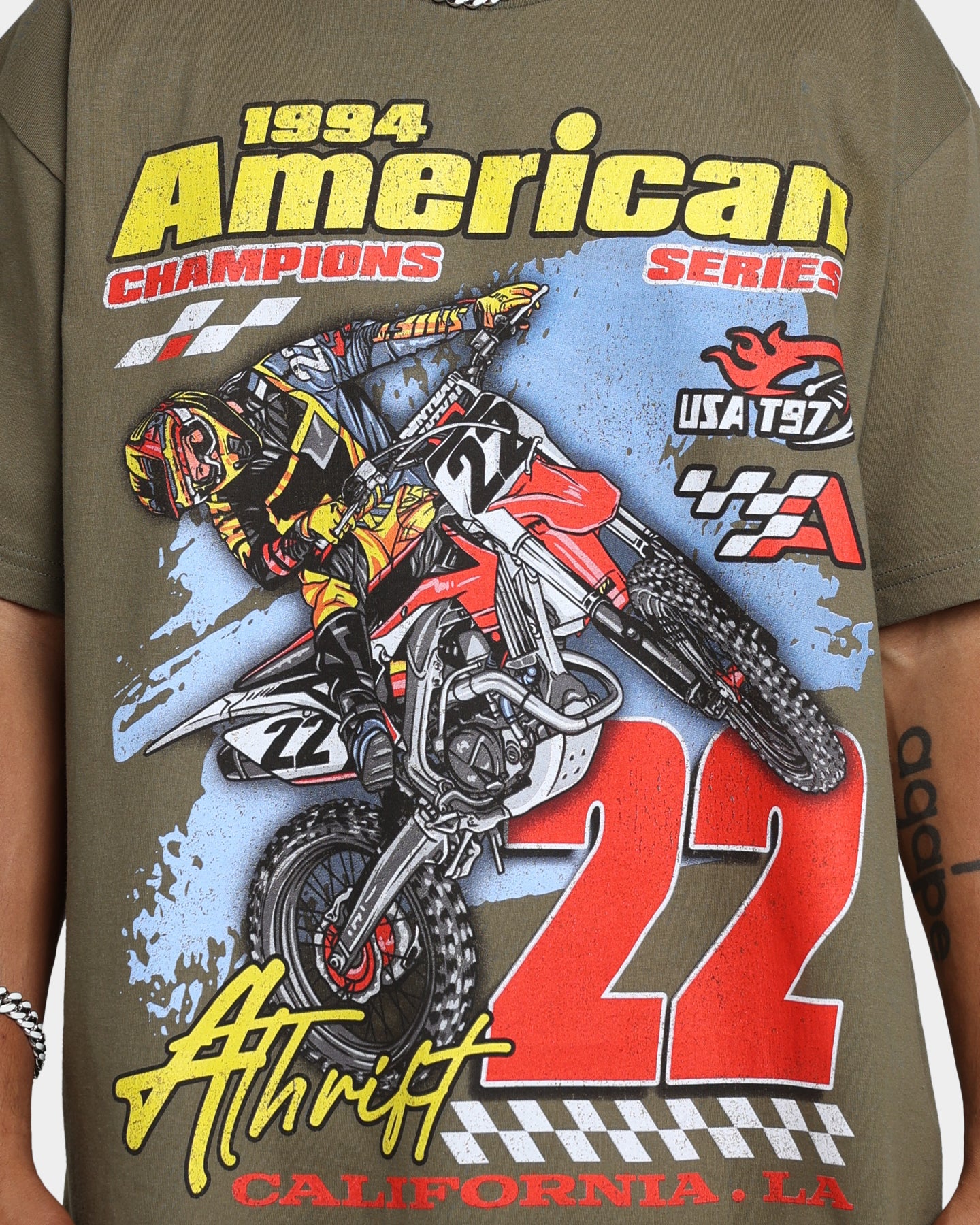 American Thrift Dirt Bike T-Shirt - Military Style Graphic Tee for Motocross & Off-Road Riding | Casual Streetwear & Biker Gear