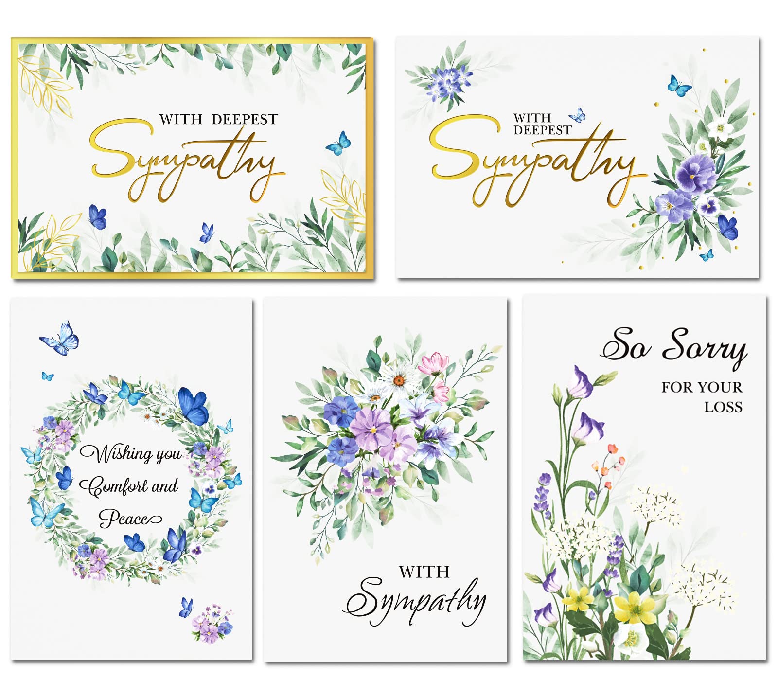 30 Pack Sympathy Cards with Envelopes & Stickers - 4×6 Inch Gold Foil Condolence Cards Set with Greenery and Butterflies Design - Watercolor Boxed Memorial Cards for Friends and Family - Perfect for Funeral, Memorial Service, Bereavement Gifts and Emotional Support