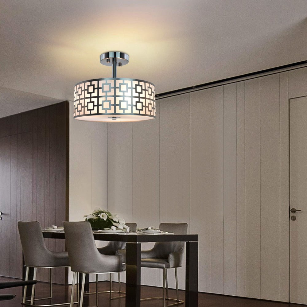 Stylish Semi Flush Mount Ceiling Light Fixture - 3 Bulb Iron Drum Pendant Chandelier in Chrome Finish for Bedroom, Hallway, Kitchen, Living & Dining Room | Modern Home Lighting for Entryway, Foyer & Interior Decor