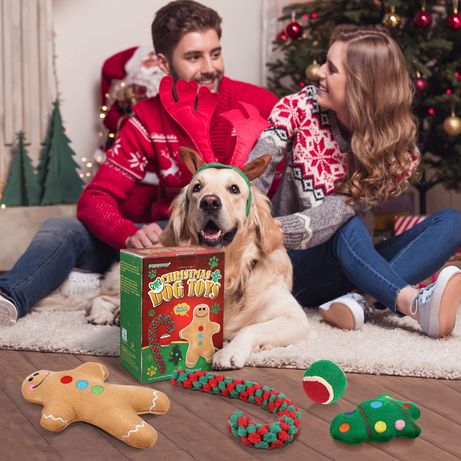 POPETPOP Christmas Dog Toys - Plush Squeaky Chew Toys for Puppies (Gingerbread Man & Tree Shapes) - Fun Holiday Pet Gifts for Playtime & Training