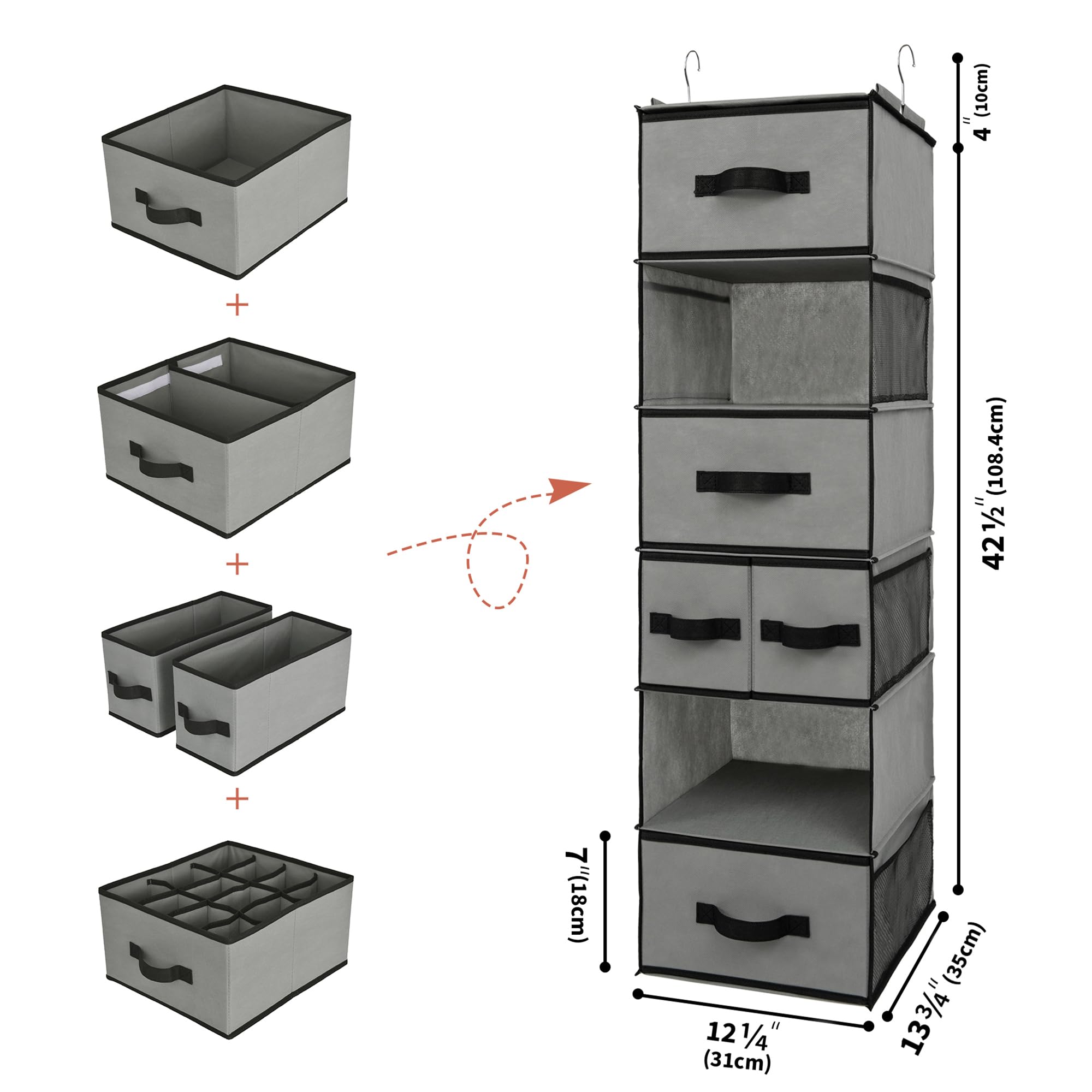 GRANNY SAYS 6-Shelf Hanging Closet Organizer with 5 Drawers & 6 Side Pockets - Space Saving Wardrobe Storage Solution for Clothes, Shoes & Accessories (Gray, 1-Pack) - Perfect for Bedroom, Dorm, Apartment & Small Space Organization