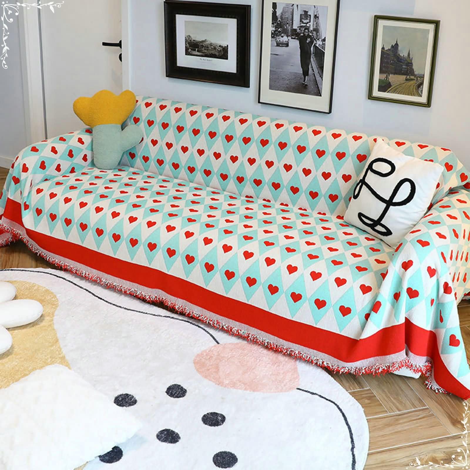 Daesar 3-Seater Chenille Sofa Cover with Heart Rhombus Pattern & Tassels - Stretchable Couch Protector, Versatile Blanket for Bedroom, Couch, Travel & Camping (180x300cm, Light Green/Red) - Perfect for Home Decor, Pet Protection & Seasonal Style Updates