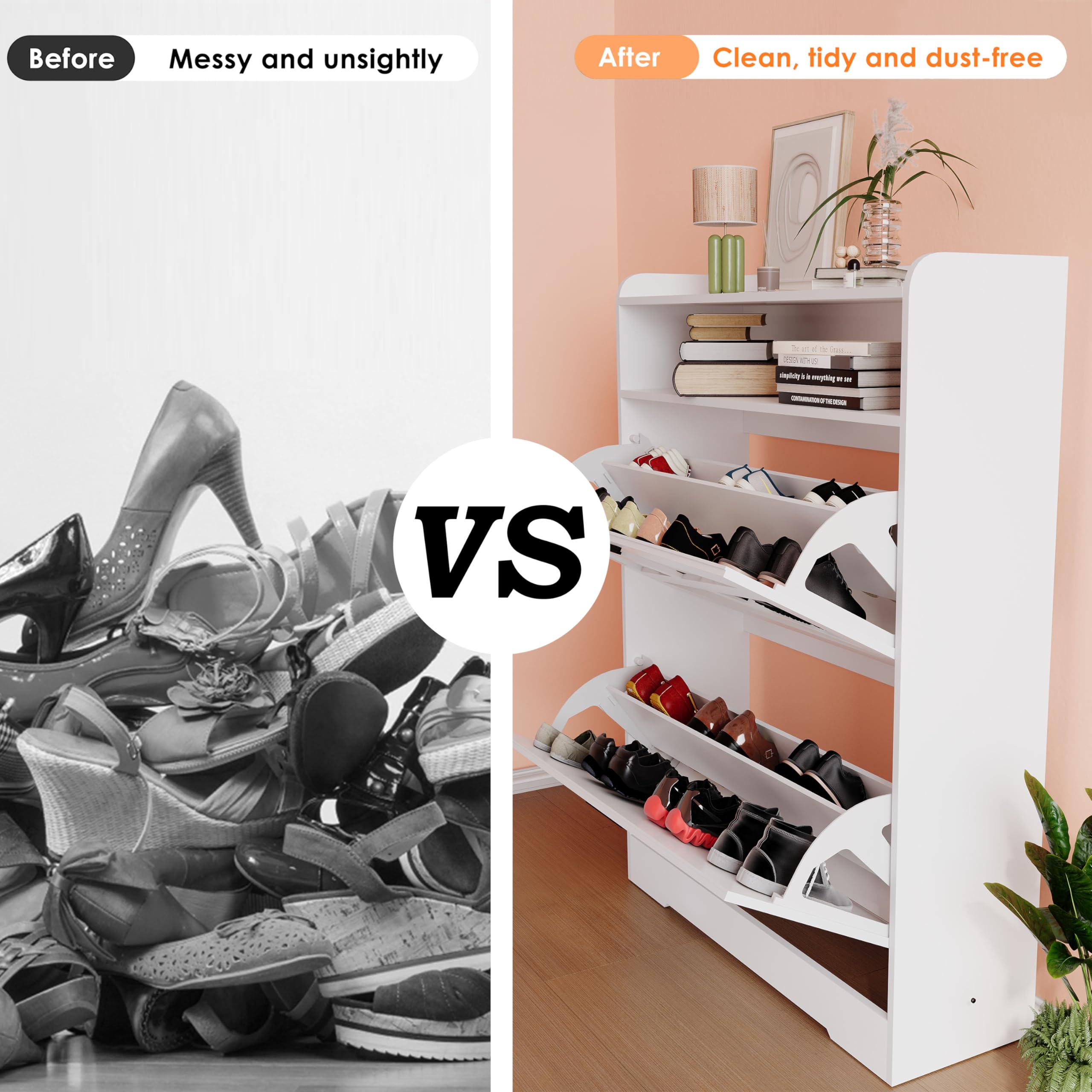 Large Shoe Cabinet with 2 Flip Drawers - Free Standing Tipping Bucket Shoe Rack Organizer for Entryway, Hallway, Bedroom - Modern Shoe Storage Furniture (White) - Perfect for Small Spaces & Home Organization