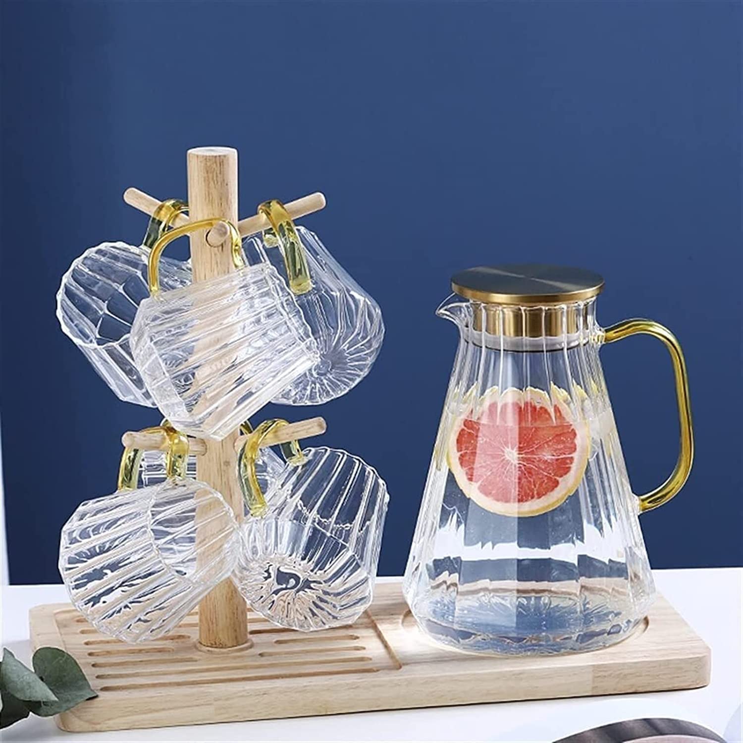 Premium Vertical Grain Cold Kettle Set - 1.5L High Borosilicate Glass Pitcher for Iced Tea, Juice & Infused Water | Large Capacity Heat-Resistant Beverage Container for Home, Office & Outdoor Use | BPA-Free & Dishwasher Safe (Clear)